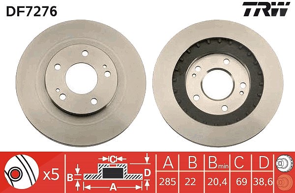 Trw Bremsscheibe Vorderachse Belüftet [Hersteller-Nr. DF7276] für Mitsubishi