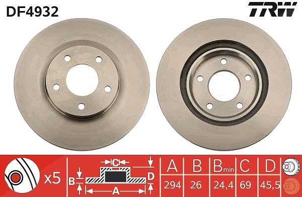 Trw Bremsscheibe Vorderachse Belüftet [Hersteller-Nr. DF4932] für Peugeot, Chrysler, Dodge, Jeep, Citroën, Mitsubishi