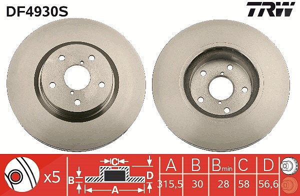 Trw 1x Bremsscheibe [Hersteller-Nr. DF4930S] für Subaru