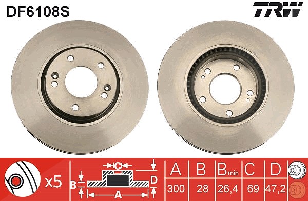 Trw 1x Bremsscheibe Vorderachse Belüftet [Hersteller-Nr. DF6108S] für Hyundai, Kia