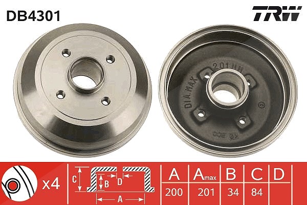 Trw 1x Bremstrommel Hinterachse ohne Radlager [Hersteller-Nr. DB4301] für Vauxhall, Opel