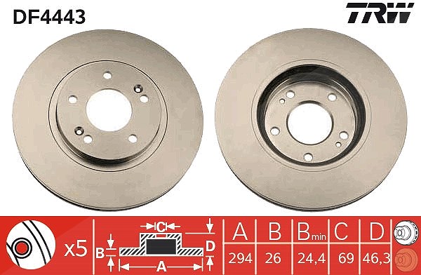 Trw Bremsscheibe Vorderachse Belüftet [Hersteller-Nr. DF4443] für Hyundai