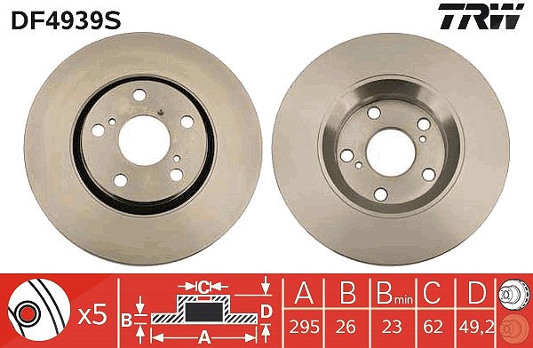Trw 1x Bremsscheibe [Hersteller-Nr. DF4939S] für Toyota