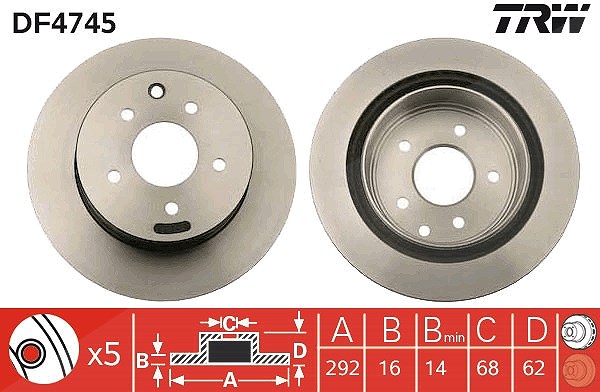 Trw Bremsscheibe Hinterachse Belüftet [Hersteller-Nr. DF4745] für Infiniti, Renault, Nissan