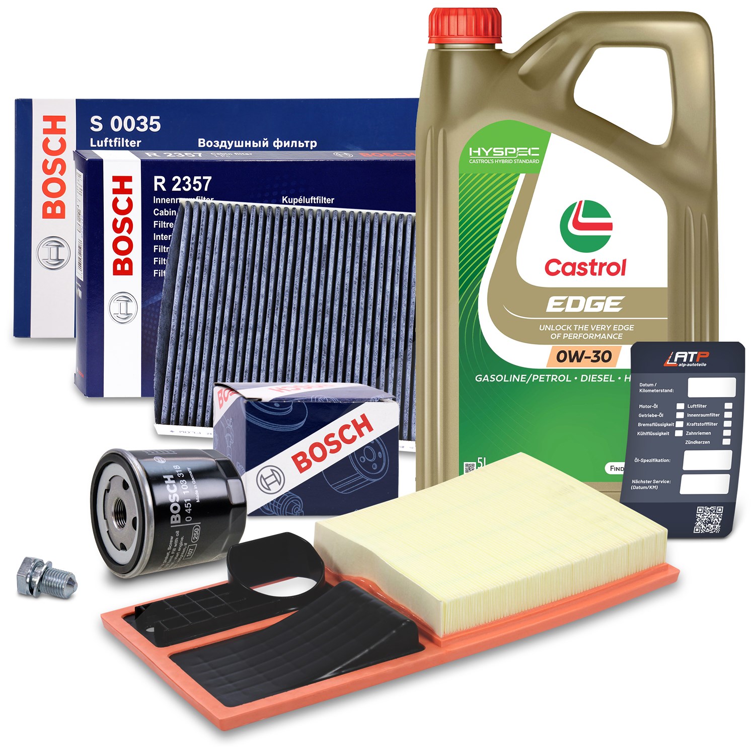 Bosch Inspektionspaket A + 5 L CASTROL EDGE FST 0W-30 [Hersteller-Nr. 10492510] für Skoda, VW, Seat