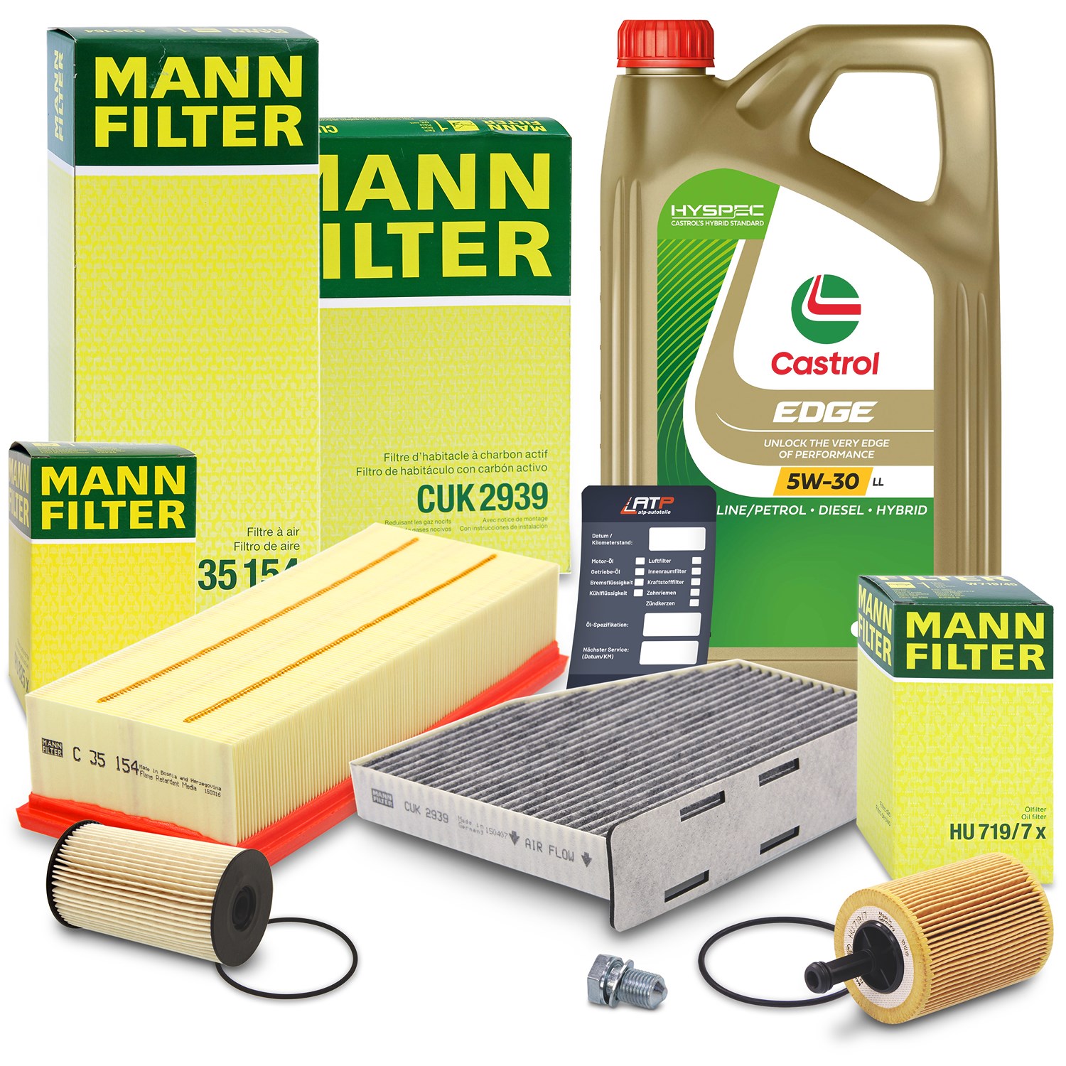 Mann-filter Inspektionspaket B + 5 L CASTROL EDGE FST 5W-30 LL [Hersteller-Nr. 10492130] für Skoda, Audi, VW, Seat