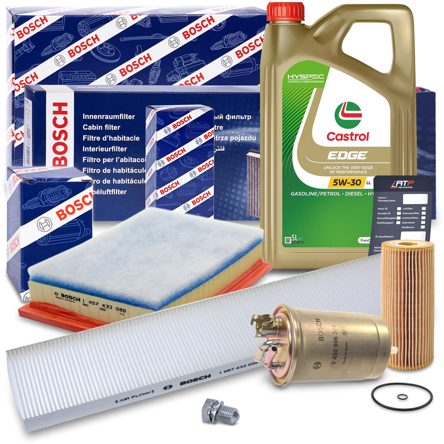 Bosch Inspektionspaket B + 5 L CASTROL 5W-30 LL [Hersteller-Nr. 10492133] für VW, Seat