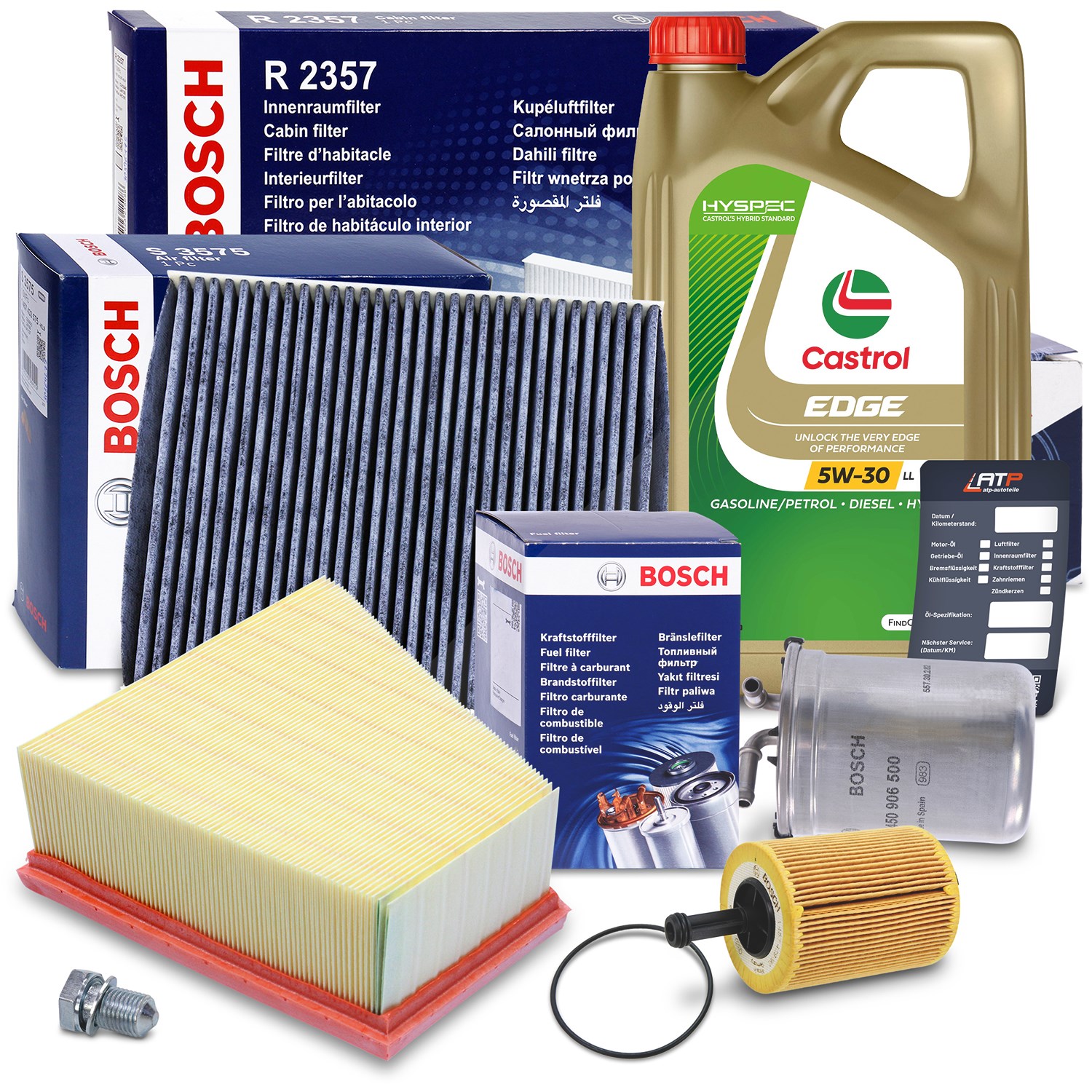 Bosch Inspektionspaket B + 5 L CASTROL 5W-30 LL [Hersteller-Nr. 10492147] für VW, Skoda, Seat