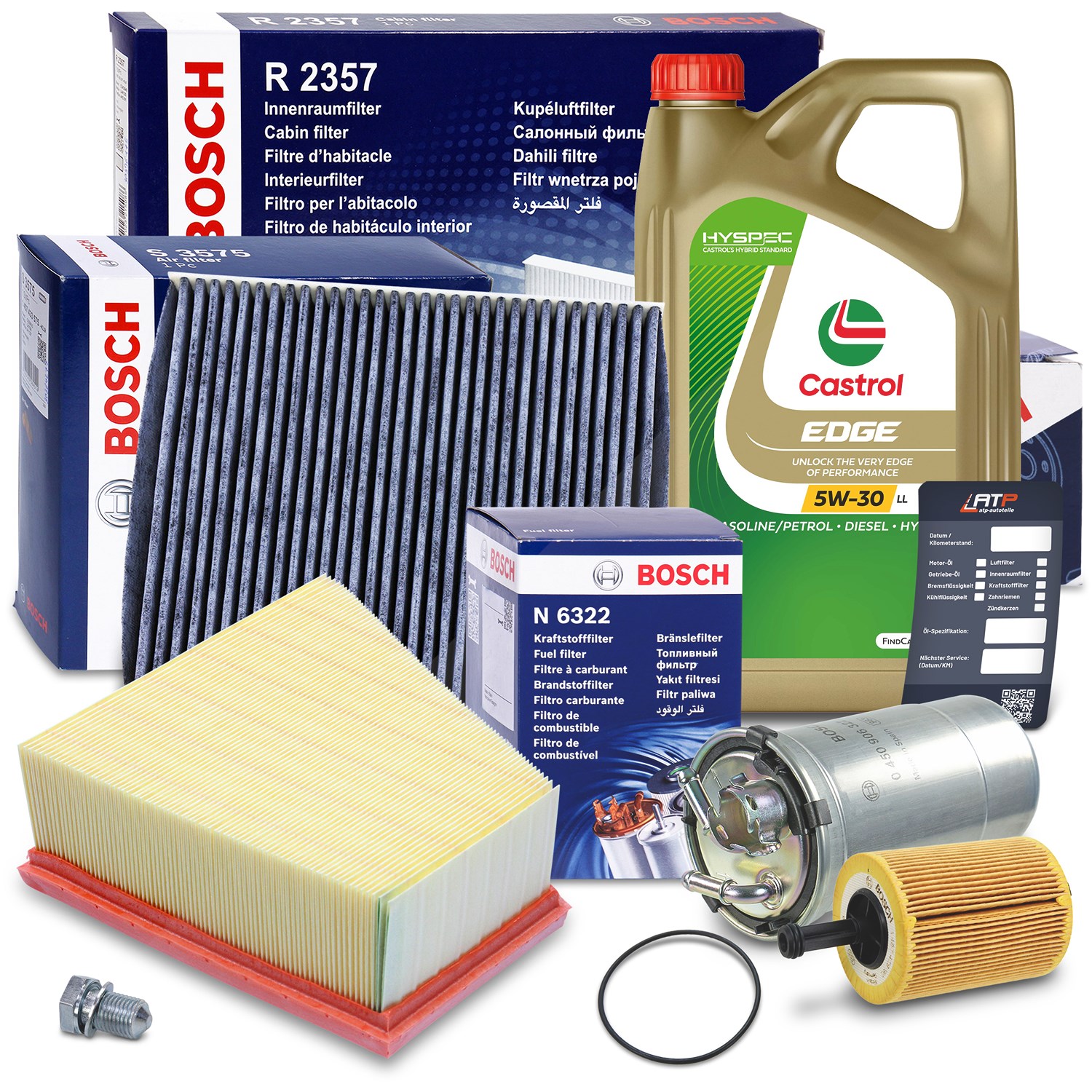 Bosch Inspektionspaket B + 5 L CASTROL 5W-30 LL [Hersteller-Nr. 10492148] für Skoda, VW, Seat