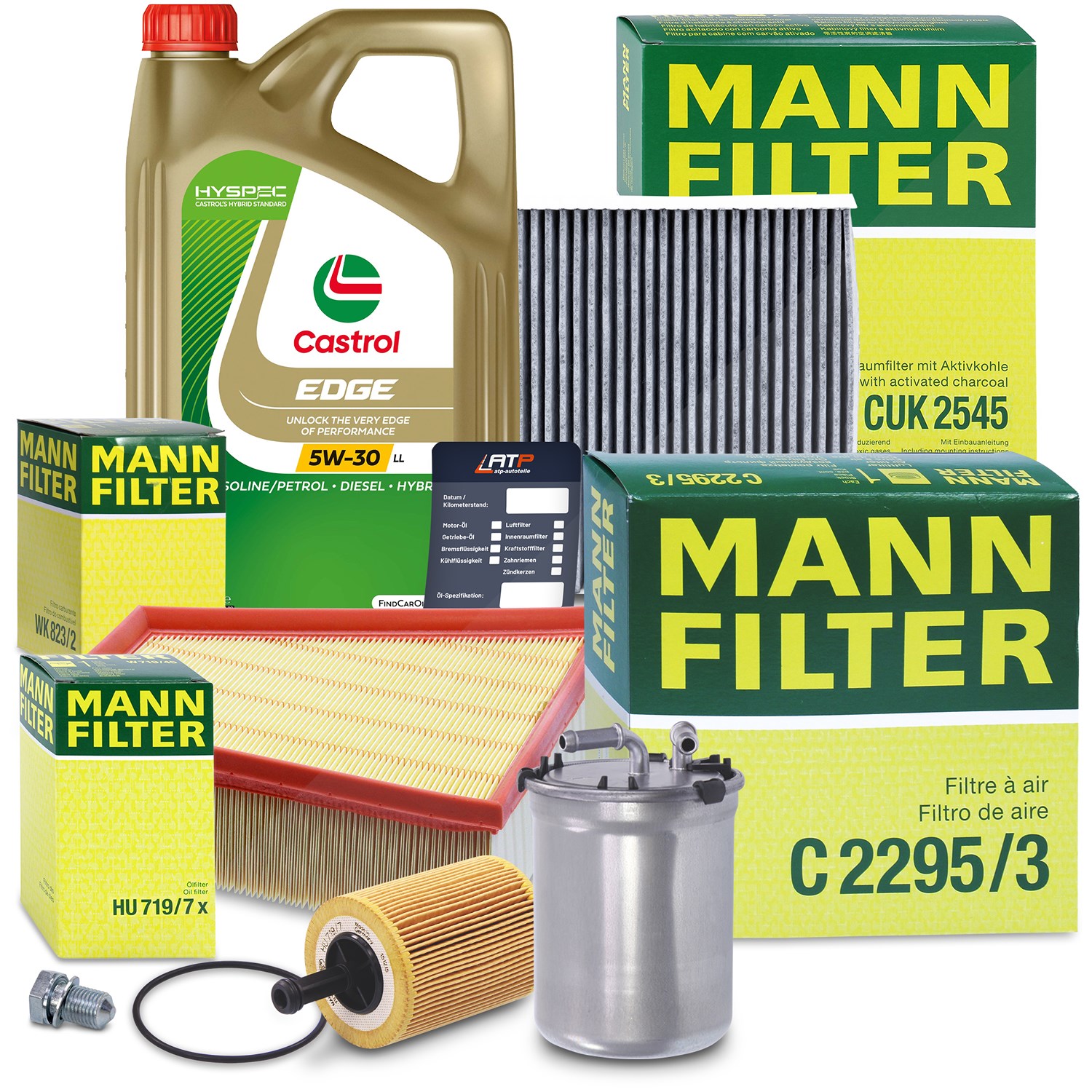 Mann-filter Inspektionspaket B + 5 L CASTROL EDGE FST 5W-30 LL [Hersteller-Nr. 10492125] für Skoda, VW, Seat