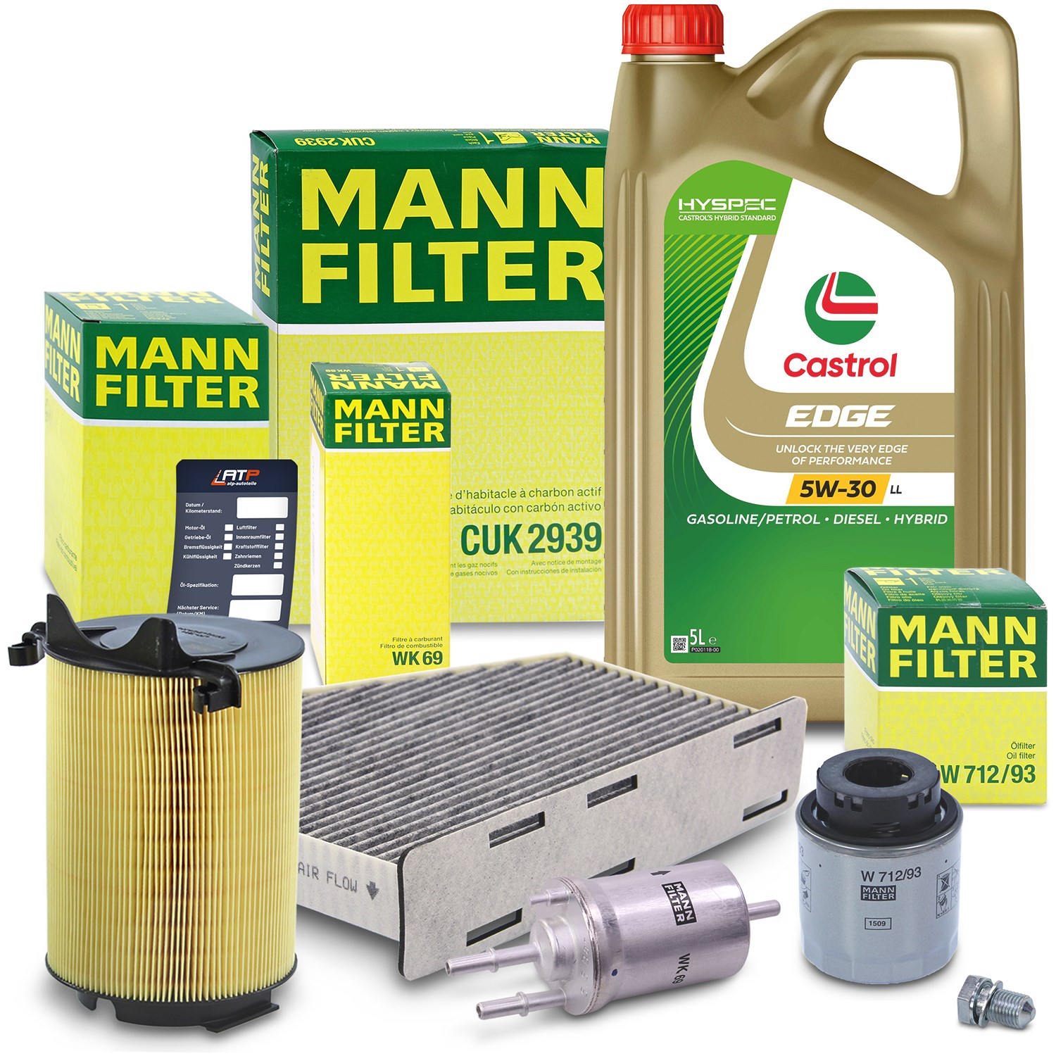 Mann-filter Inspektionspaket B + 5 L CASTROL EDGE FST 5W-30 LL [Hersteller-Nr. 10492410] für Skoda, Audi, VW, Seat