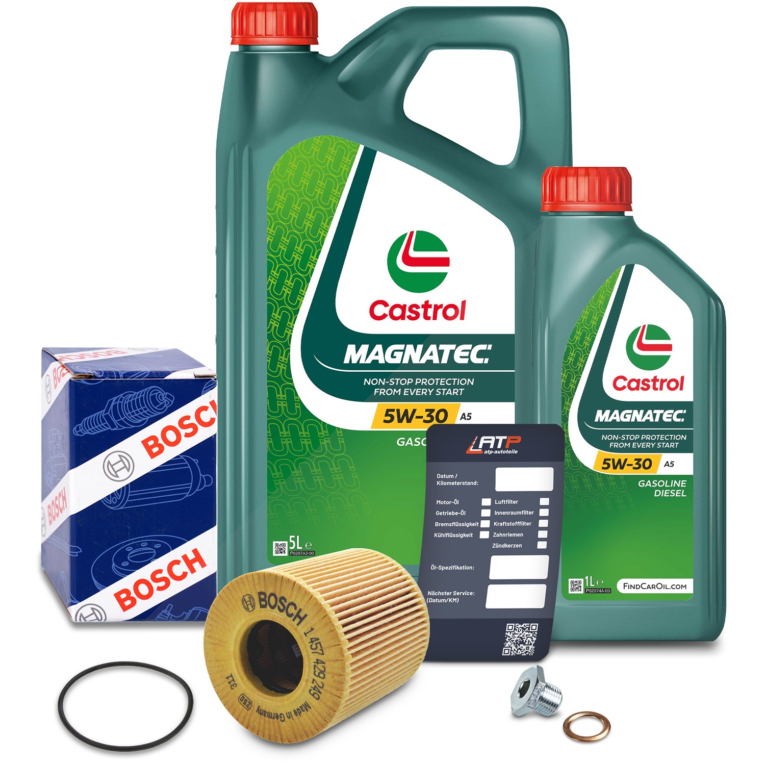 Bosch Ölfilter+Schraube+6 L Castrol Magnatec 5W-30 A5 [Hersteller-Nr. 10491823] für Volvo, Ford