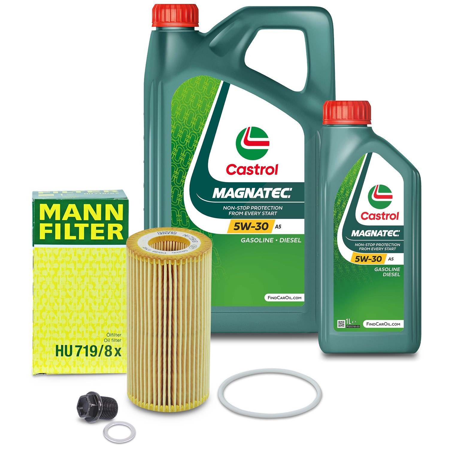 Mann-filter Ölfilter+Schraube+6 L Castrol Magnatec 5W-30 A5 [Hersteller-Nr. 10491843] für Volvo, Ford