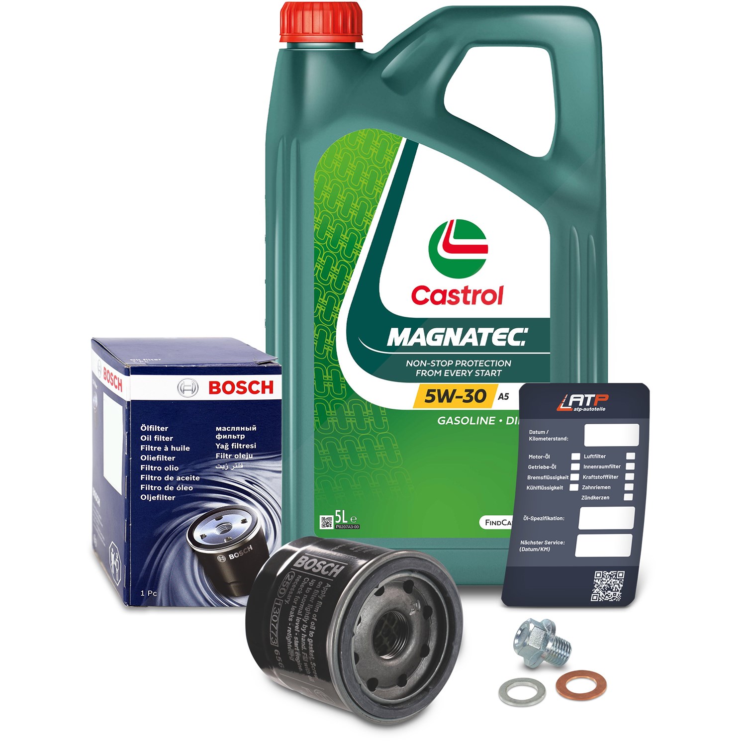 Bosch Ölfilter+Schraube+5 L Castrol Magnatec 5W-30 A5 [Hersteller-Nr. 10492237] für Mazda, Kia