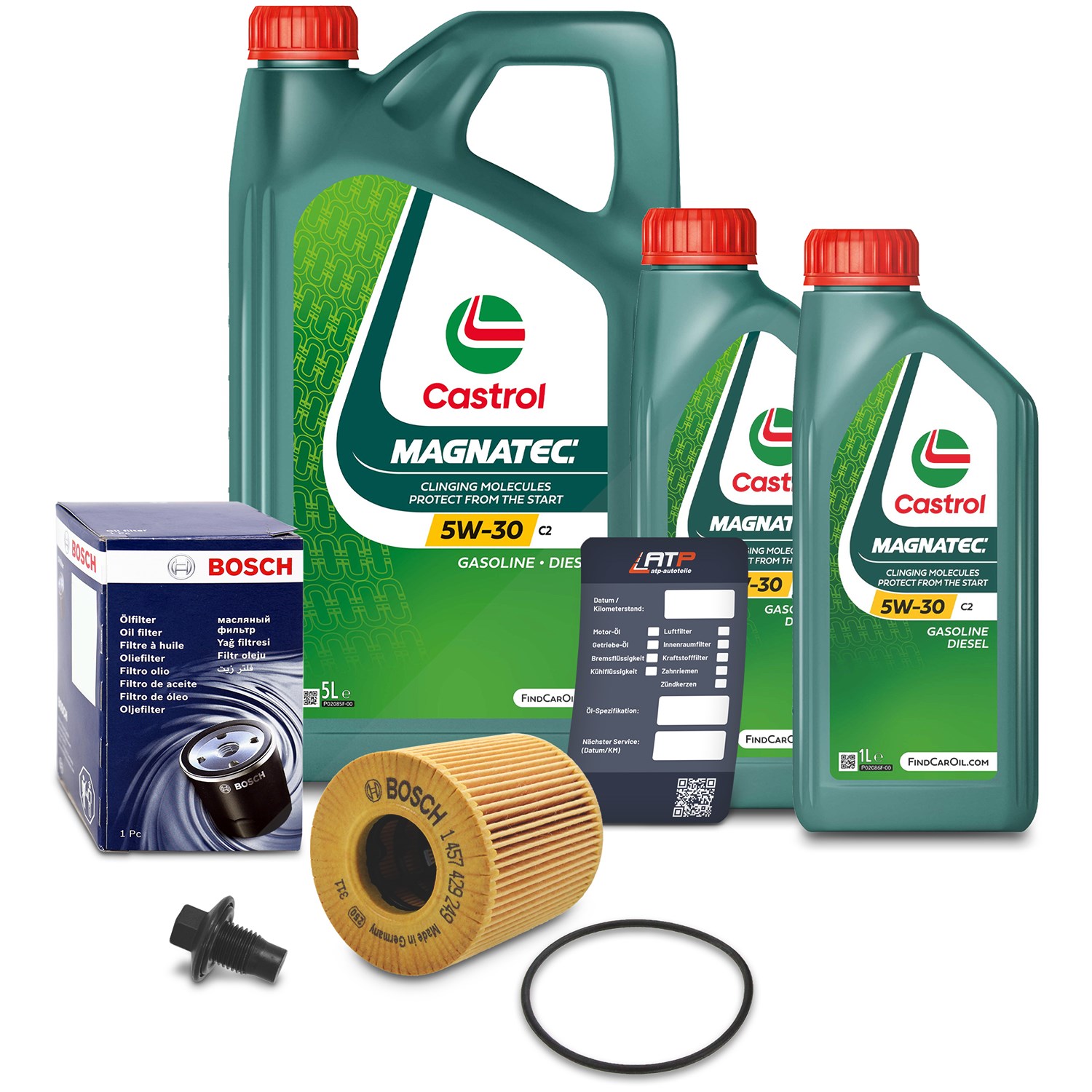 Bosch Ölfilter+Schraube+7 L Castrol Magnatec 5W-30 C2 [Hersteller-Nr. 10491855] für Land Rover, Citroën, Peugeot, Ford, Fiat