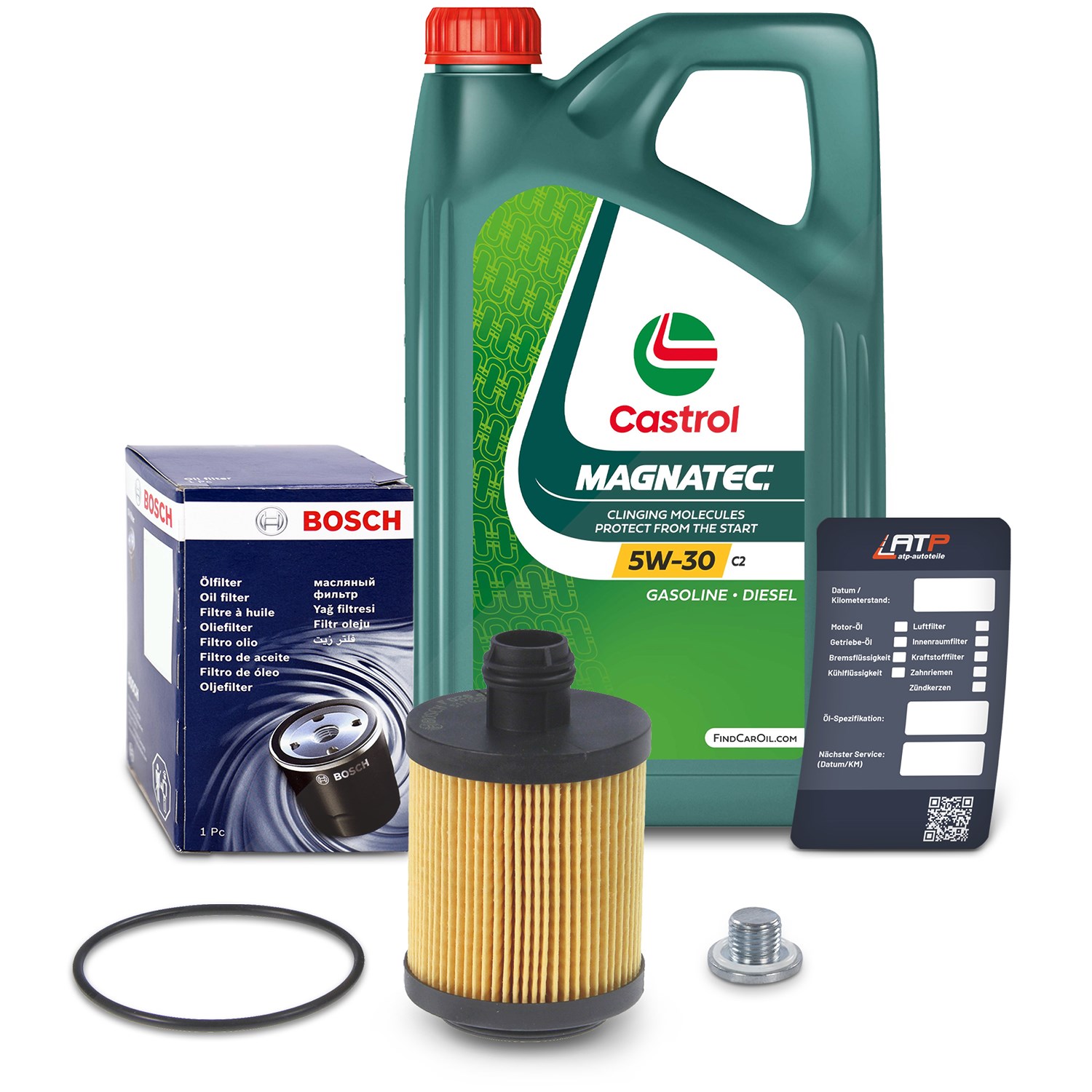 Bosch Ölfilter+Schraube+5 L Castrol Magnatec 5W-30 C2 [Hersteller-Nr. 10491857] für Fiat, Alfa Romeo, Lancia
