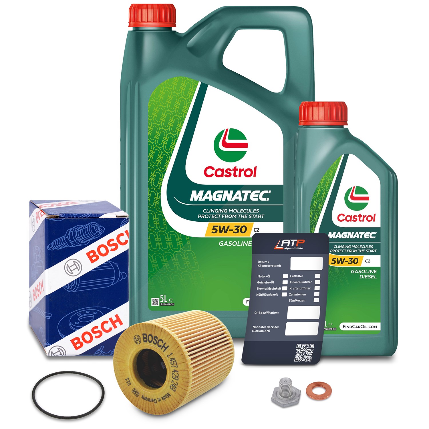 Bosch Ölfilter+Schraube+6 L Castrol Magnatec 5W-30 C2 [Hersteller-Nr. 10491858] für Citroën, Peugeot