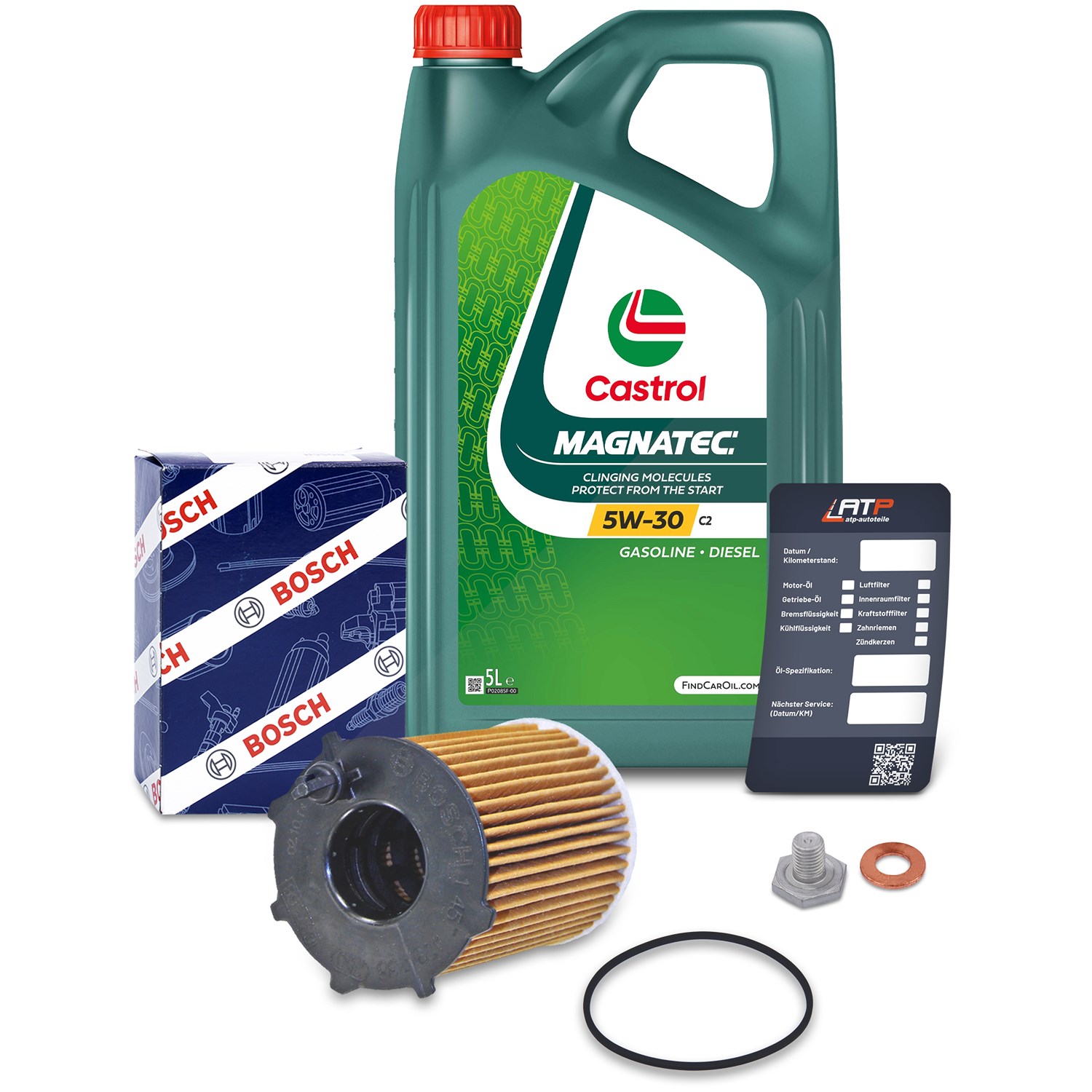 Bosch Ölfilter+Schraube+5 L Castrol Magnatec 5W-30 C2 [Hersteller-Nr. 10491861] für Citroën, Suzuki, Peugeot