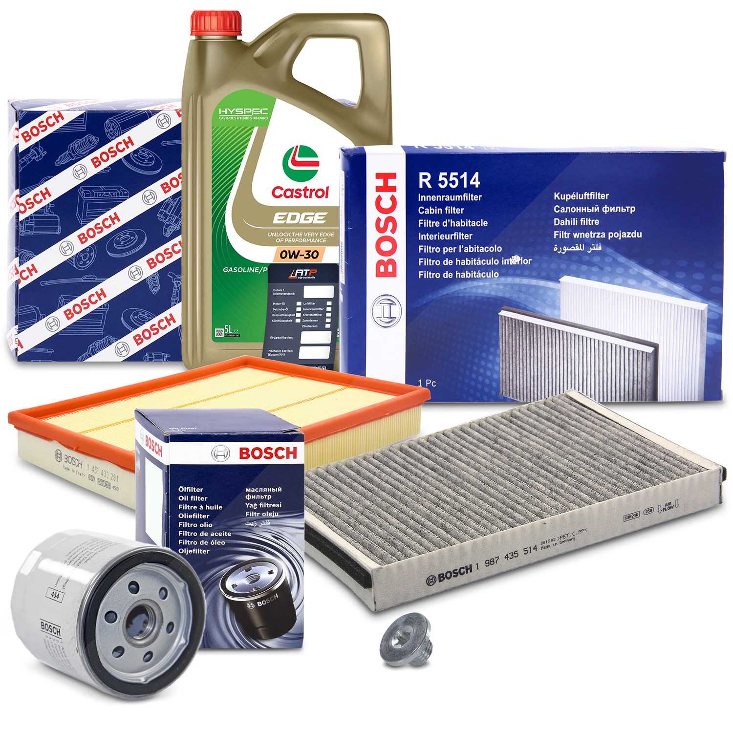 Bosch Inspektionspaket A + 5 L CASTROL 0W-30 [Hersteller-Nr. 10490957] für Opel