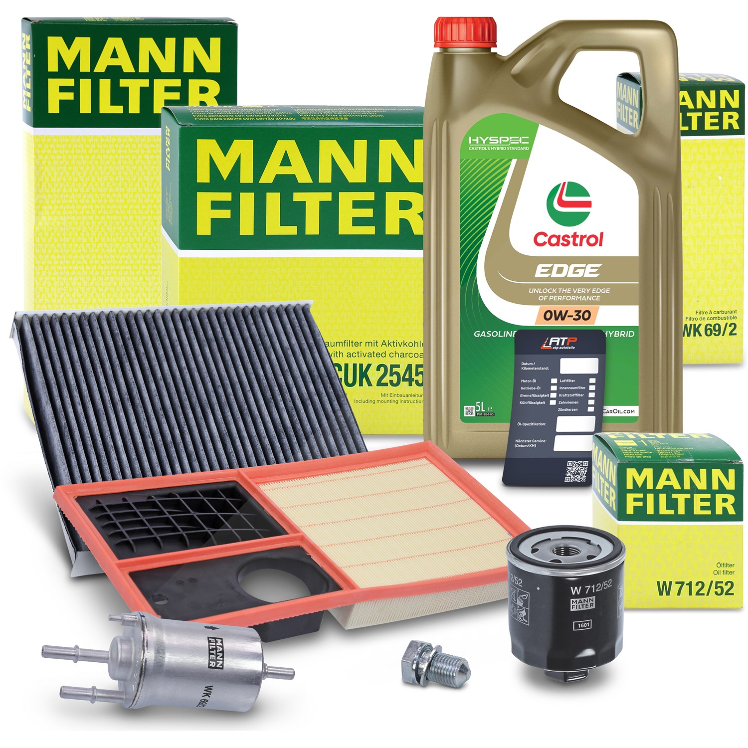 Mann-filter Inspektionspaket B + 5L CASTROL EDGE FST 0W-30 [Hersteller-Nr. 10492513] für VW, Skoda, Seat