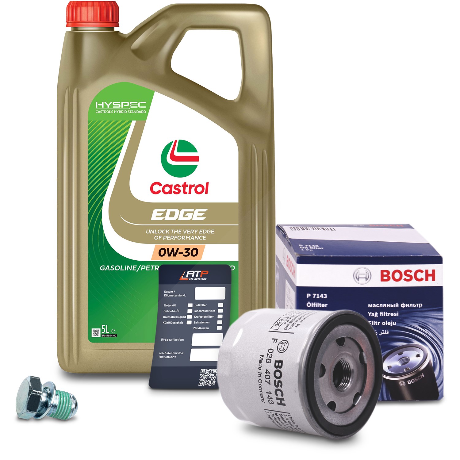 Bosch Ölfilter+Schraube+5 L Castrol Edge 0W-30 [Hersteller-Nr. 10492580] für Seat, Audi, VW, Skoda