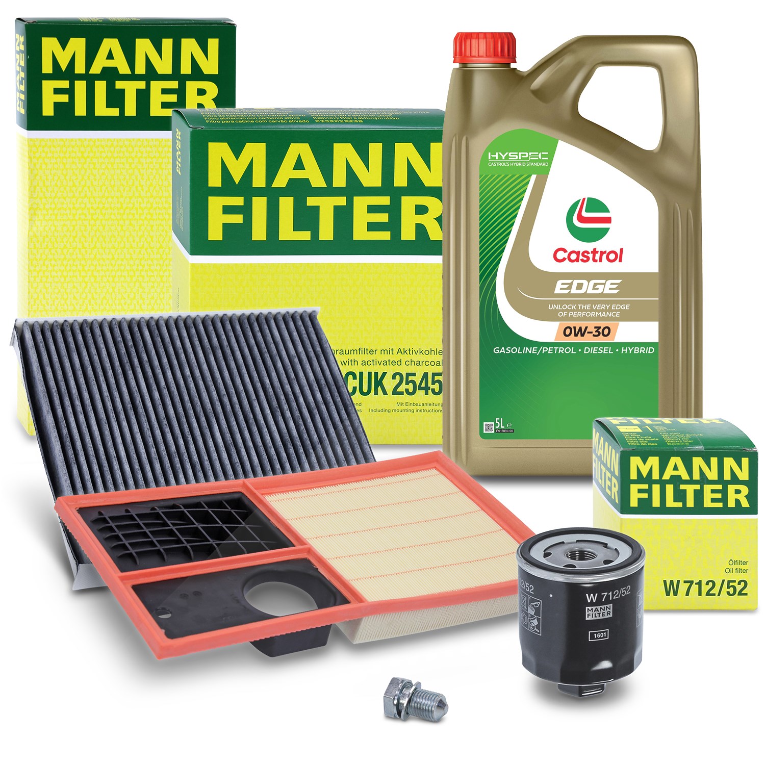 Mann-filter Inspektionspaket A + 5L CASTROL EDGE FST 0W-30 [Hersteller-Nr. 10492511] für VW, Skoda, Seat