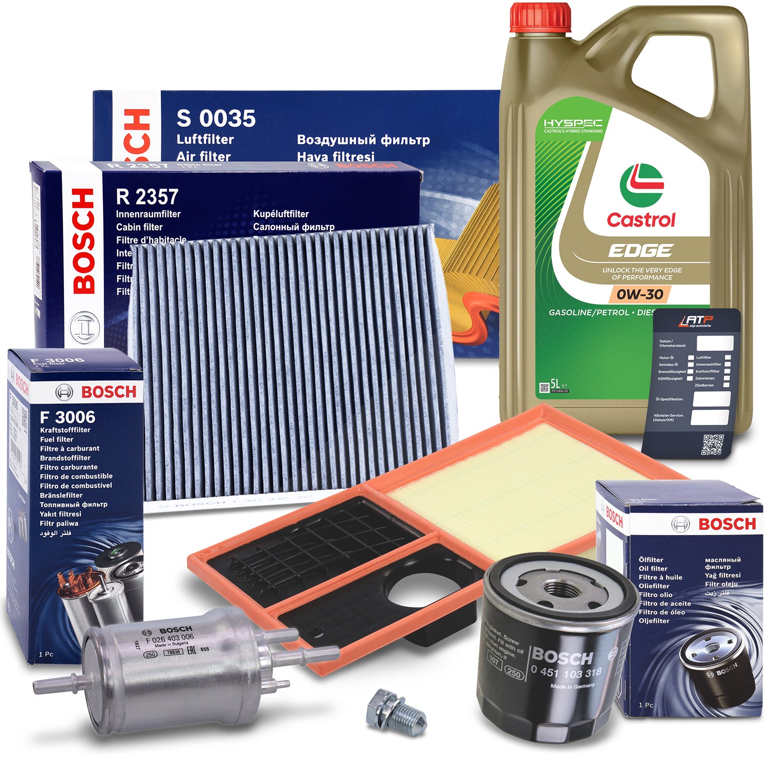 Bosch Inspektionspaket SET B + 5L Castrol 0W-30 [Hersteller-Nr. 10493506] für VW, Skoda, Seat
