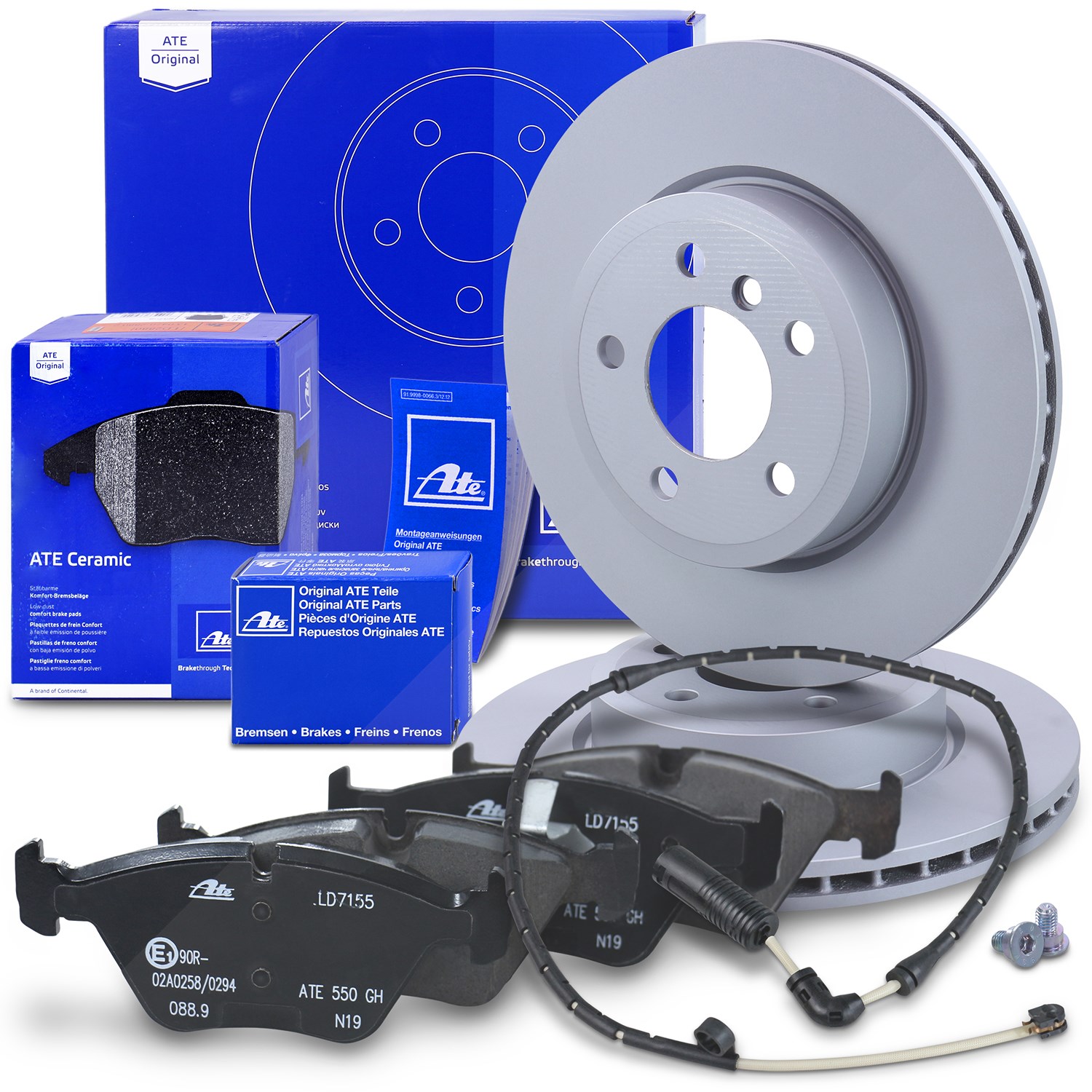 Ate Bremsscheiben +CERAMIC Bremsbeläge +Warnkontakt vorne [Hersteller-Nr. 10696389] für BMW