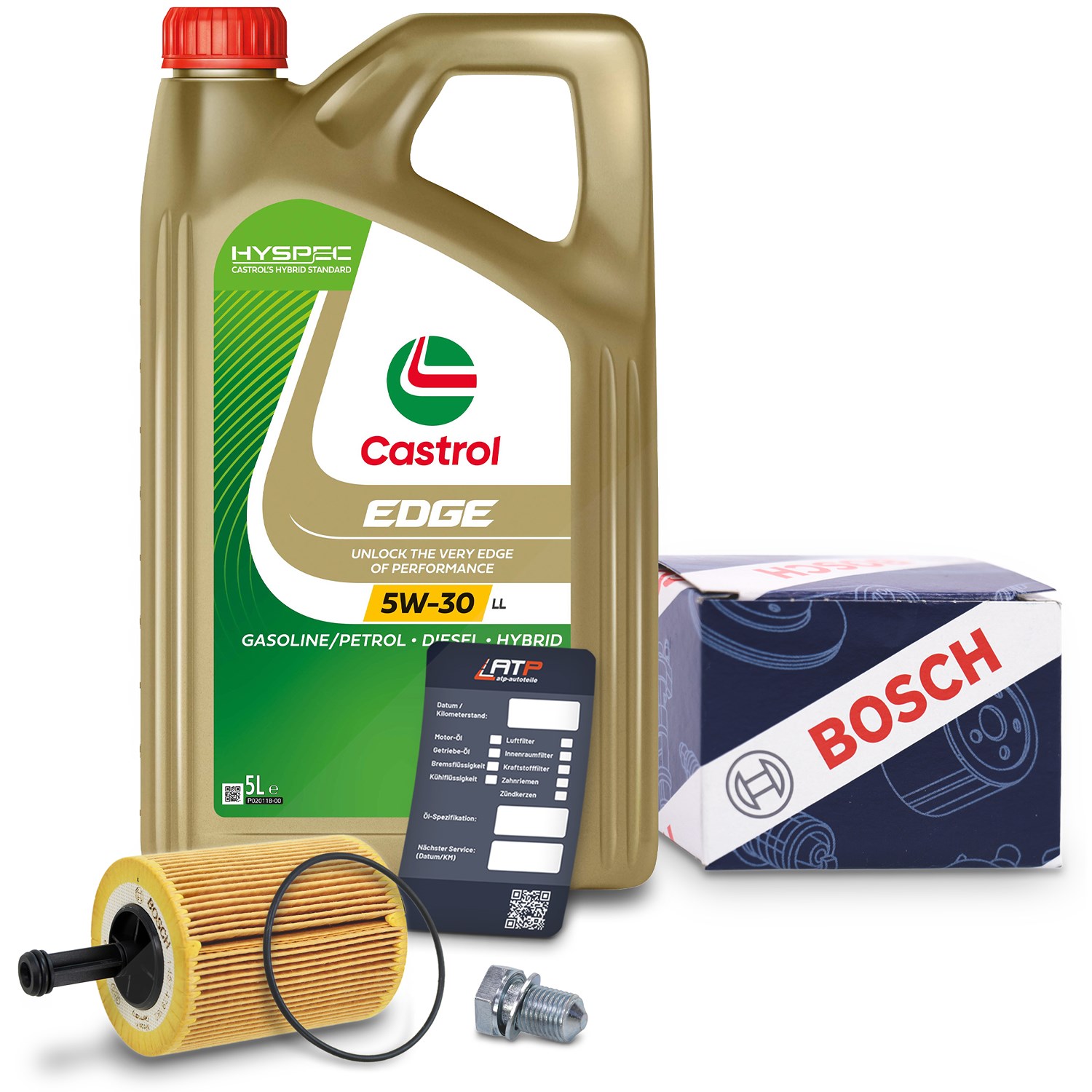 Bosch Ölfilter+Schraube+5 L Castrol 5W-30 LL [Hersteller-Nr. 10492081] für VW, Mitsubishi, Audi, Dodge, Seat, Skoda