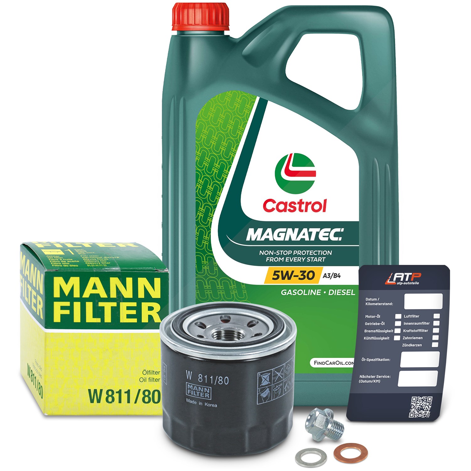 Mann-filter Ölfilter+Schraube+5 L Castrol Magnatec 5W-30 A3/B4 [Hersteller-Nr. 10491811] für Mitsubishi, Kia, Proton, Hyundai