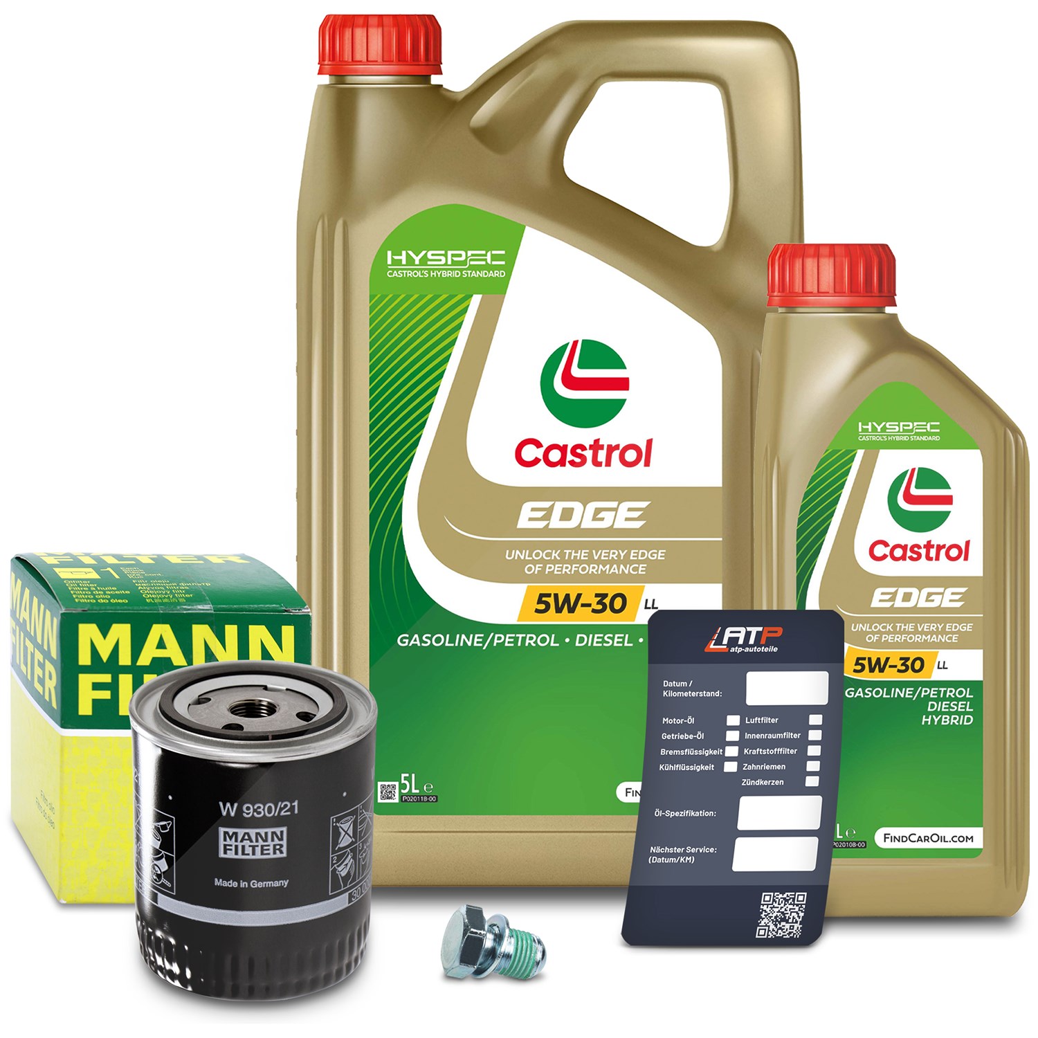 Mann-filter Ölfilter+Schraube+6 L Castrol 5W-30 LL [Hersteller-Nr. 10491983] für VW, Skoda, Audi