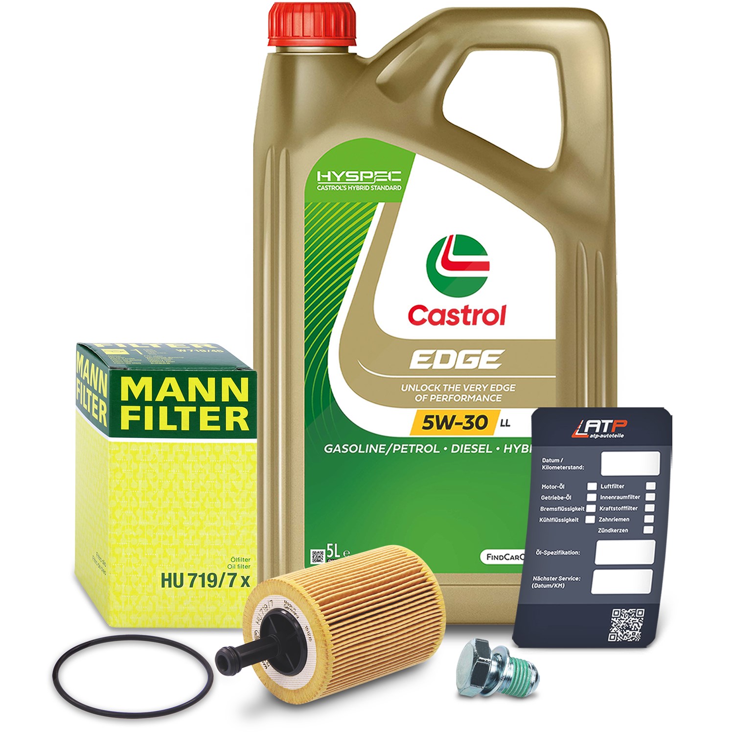 Mann-filter Ölfilter+Schraube+5 L Castrol 5W-30 LL [Hersteller-Nr. 10492021] für Dodge, Seat, Skoda, Mitsubishi, VW, Audi