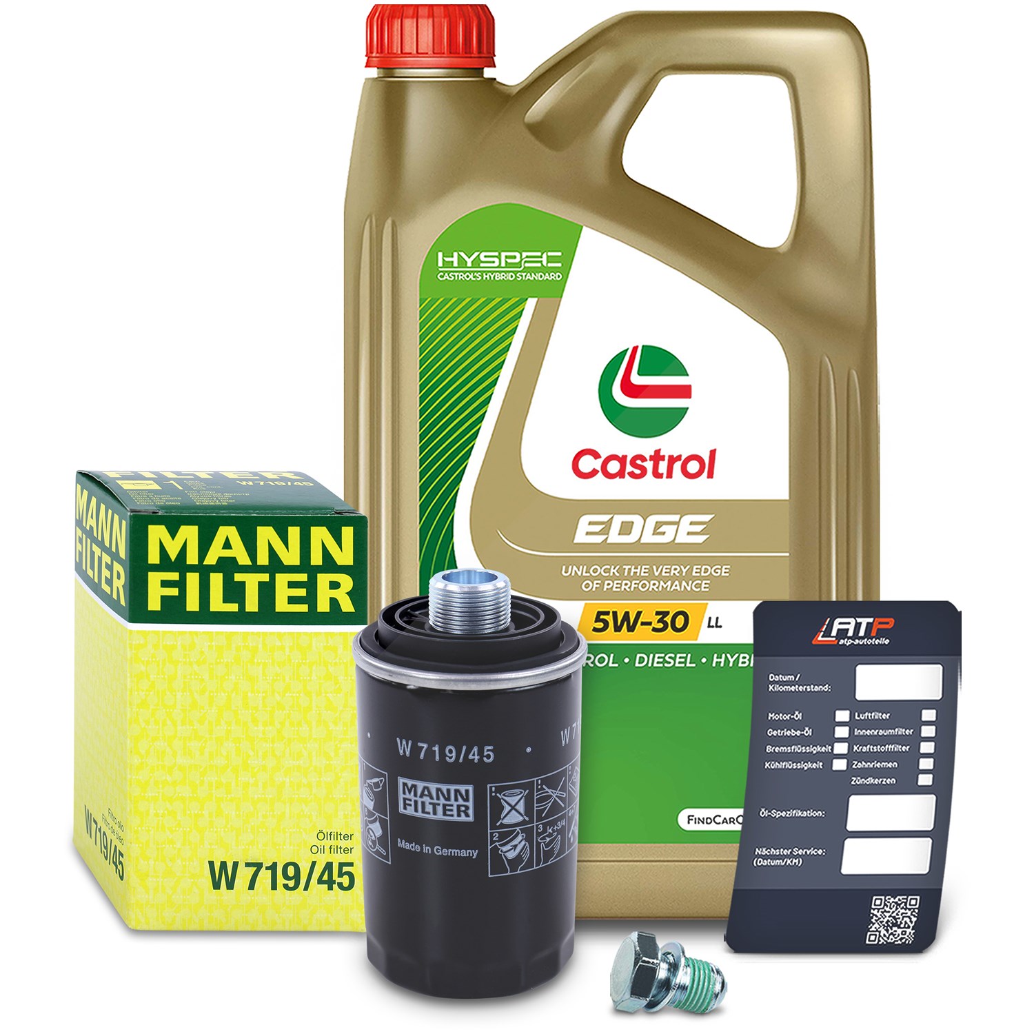 Mann-filter Ölfilter+Schraube+5 L Castrol 5W-30 LL [Hersteller-Nr. 10492039] für Skoda, VW, Seat, Audi
