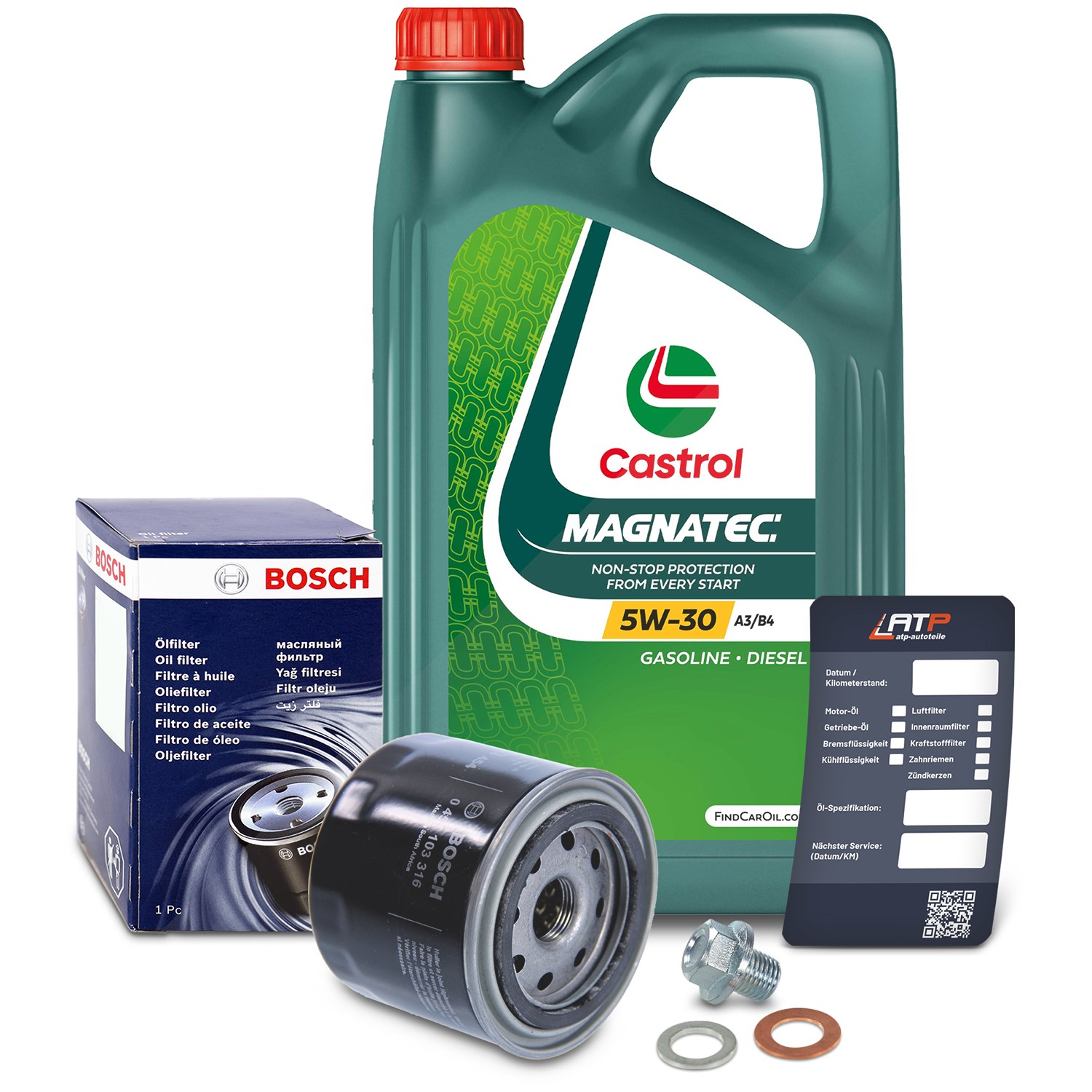 Bosch Ölfilter+Schraube+5 L Castrol Magnatec 5W-30 A3/B4 [Hersteller-Nr. 10492239] für Hyundai, Honda, Kia, Mitsubishi