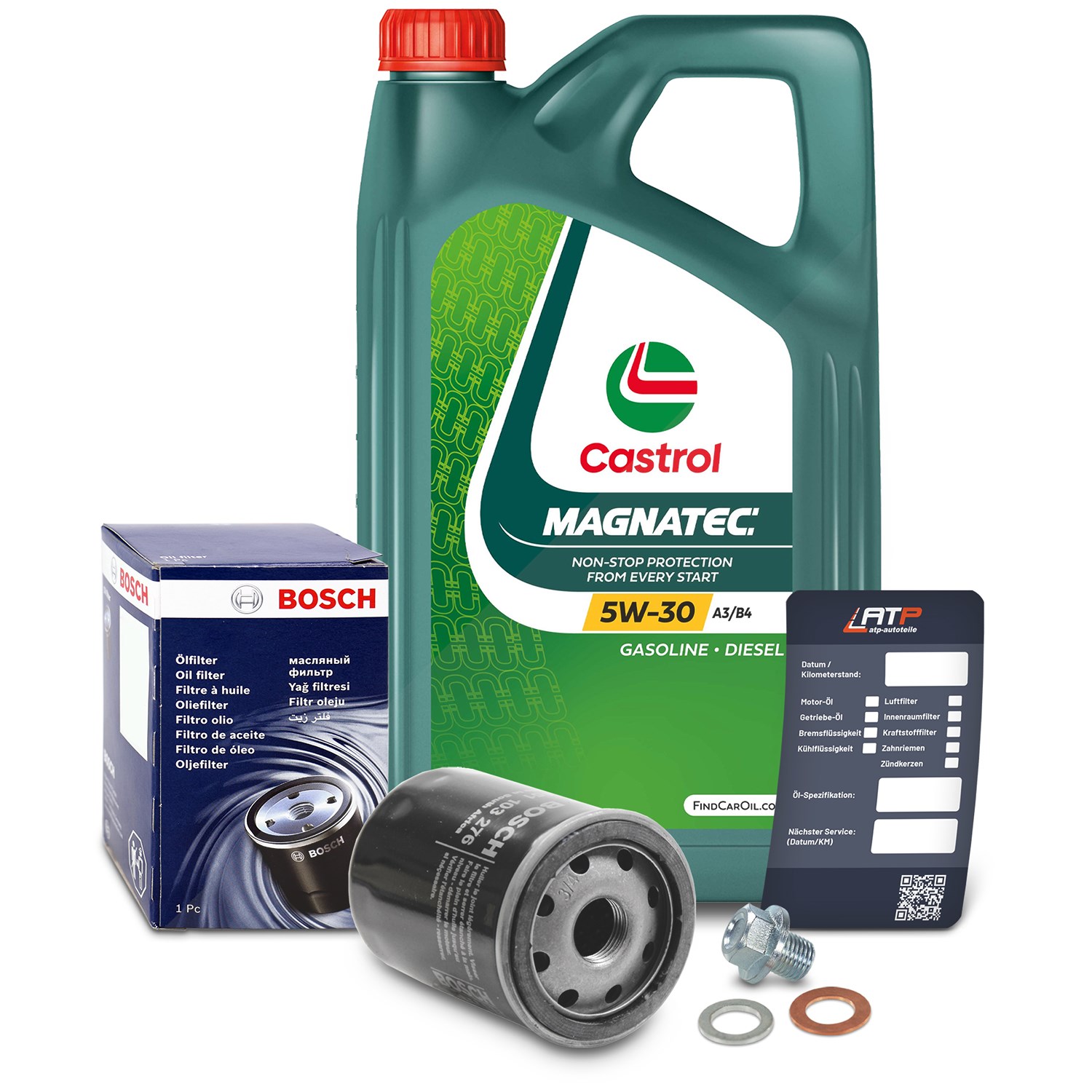 Bosch Ölfilter+Schraube+5 L Castrol Magnatec 5W-30 A3/B4 [Hersteller-Nr. 10492240] für Subaru, Fiat, Suzuki