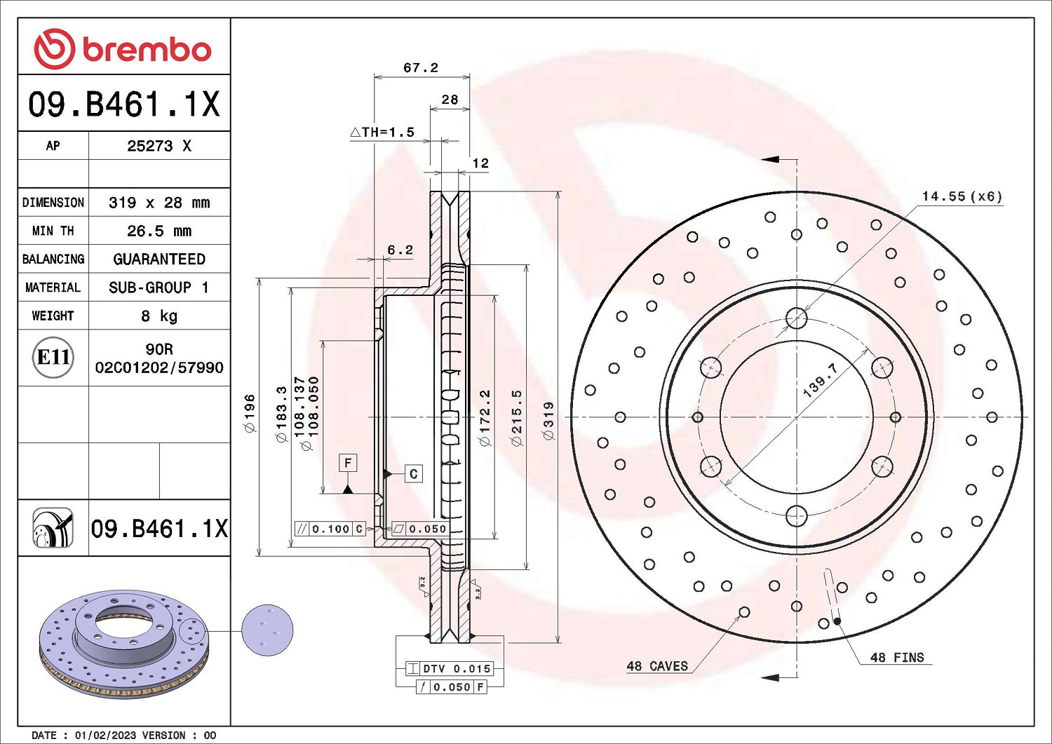 2x Bremsscheibe gelocht/innenbel. 09.B461.1X BREMBO für TOYOTA FJ CRUISER - Bild 4