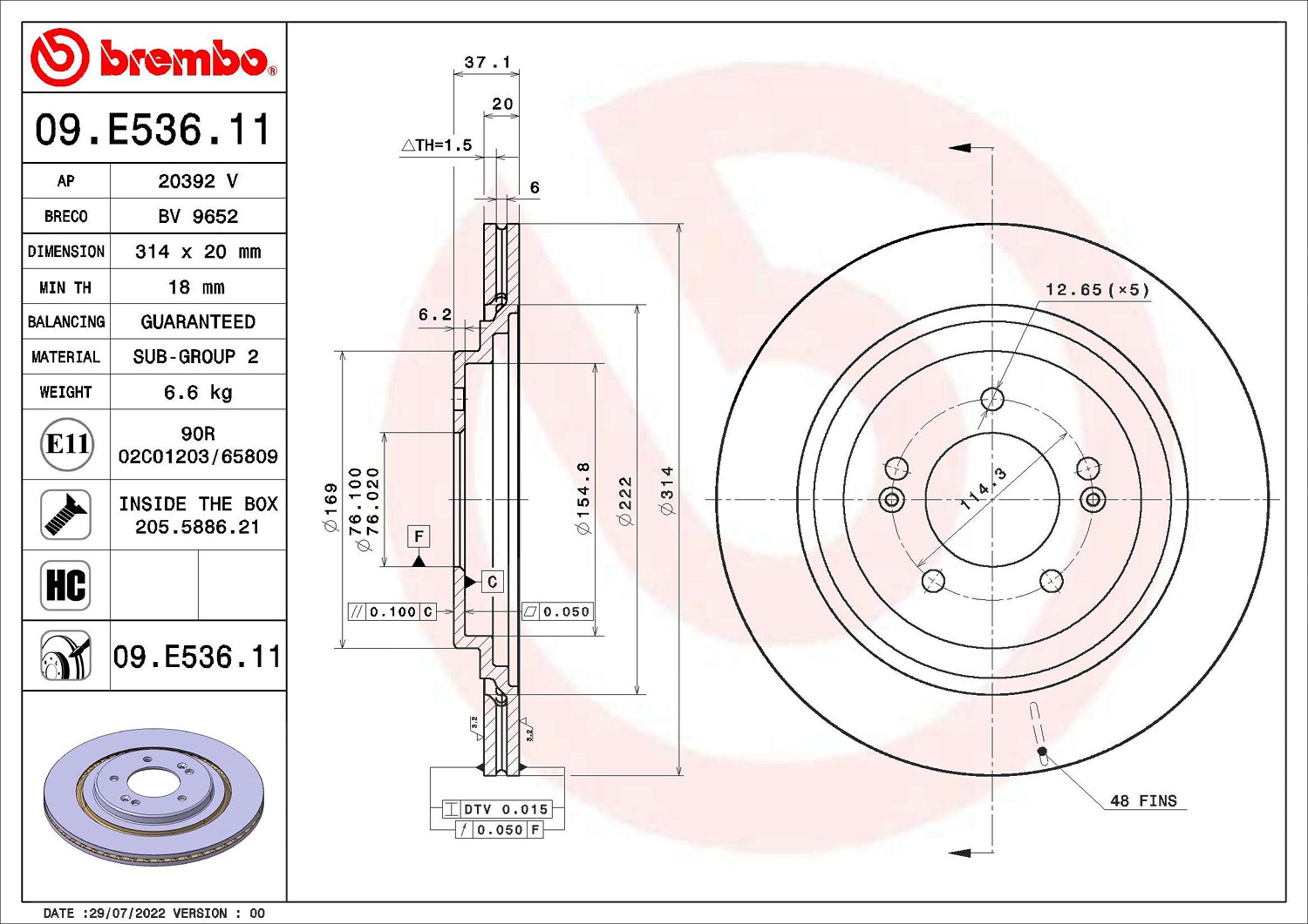2x Bremsscheibe Brembo 09.E536.11 2 Bremsscheiben Hinterachse Hinten für Kia - Bild 6
