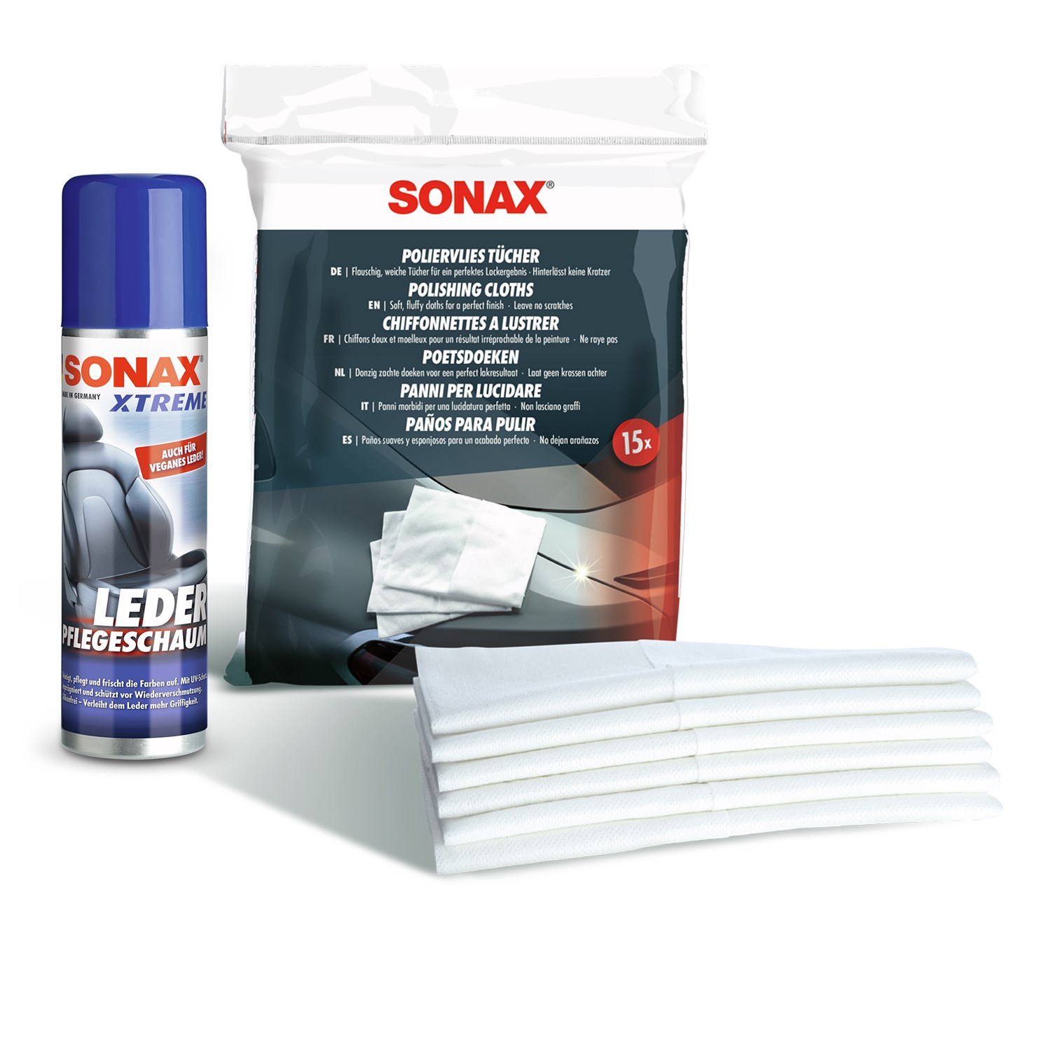 Sonax 1x 250ml XTREME LederPflegeSchaum + PolierVliesTücher [Hersteller-Nr. 10820114]