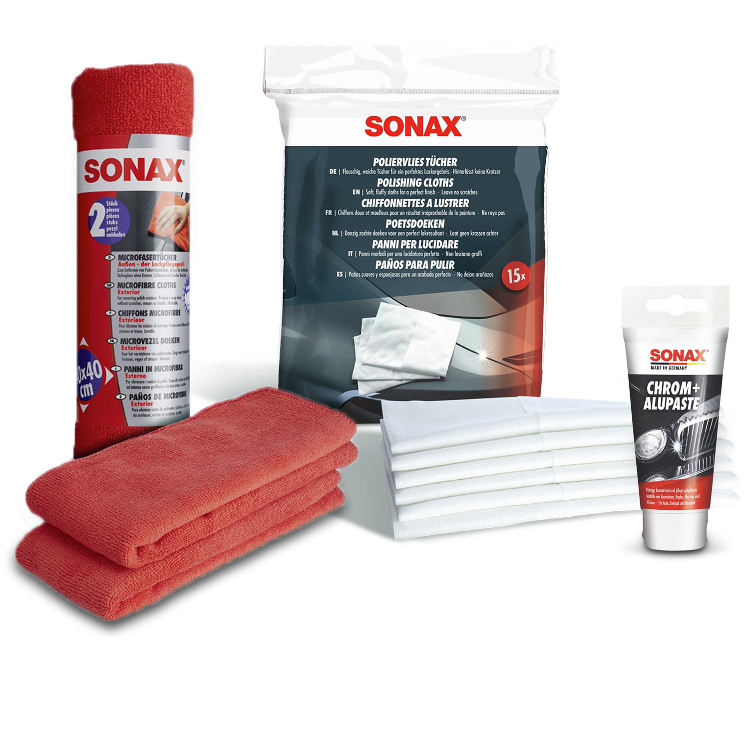 Sonax 1x 75ml Chrom- & AluPaste + PolierVlies+ 2x Tücher [Hersteller-Nr. 31055350]