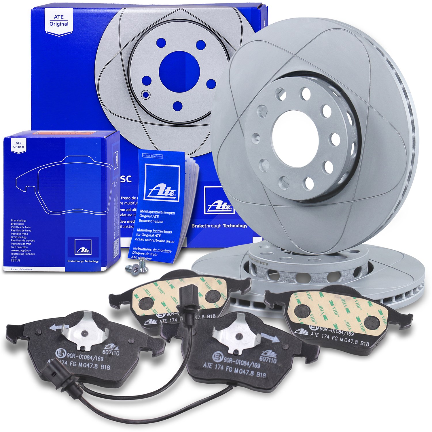 Ate POWERDISC Bremsscheiben +Bremsbeläge mit Warnkontakt vorne [Hersteller-Nr. 10696828] für Audi, Seat, Skoda