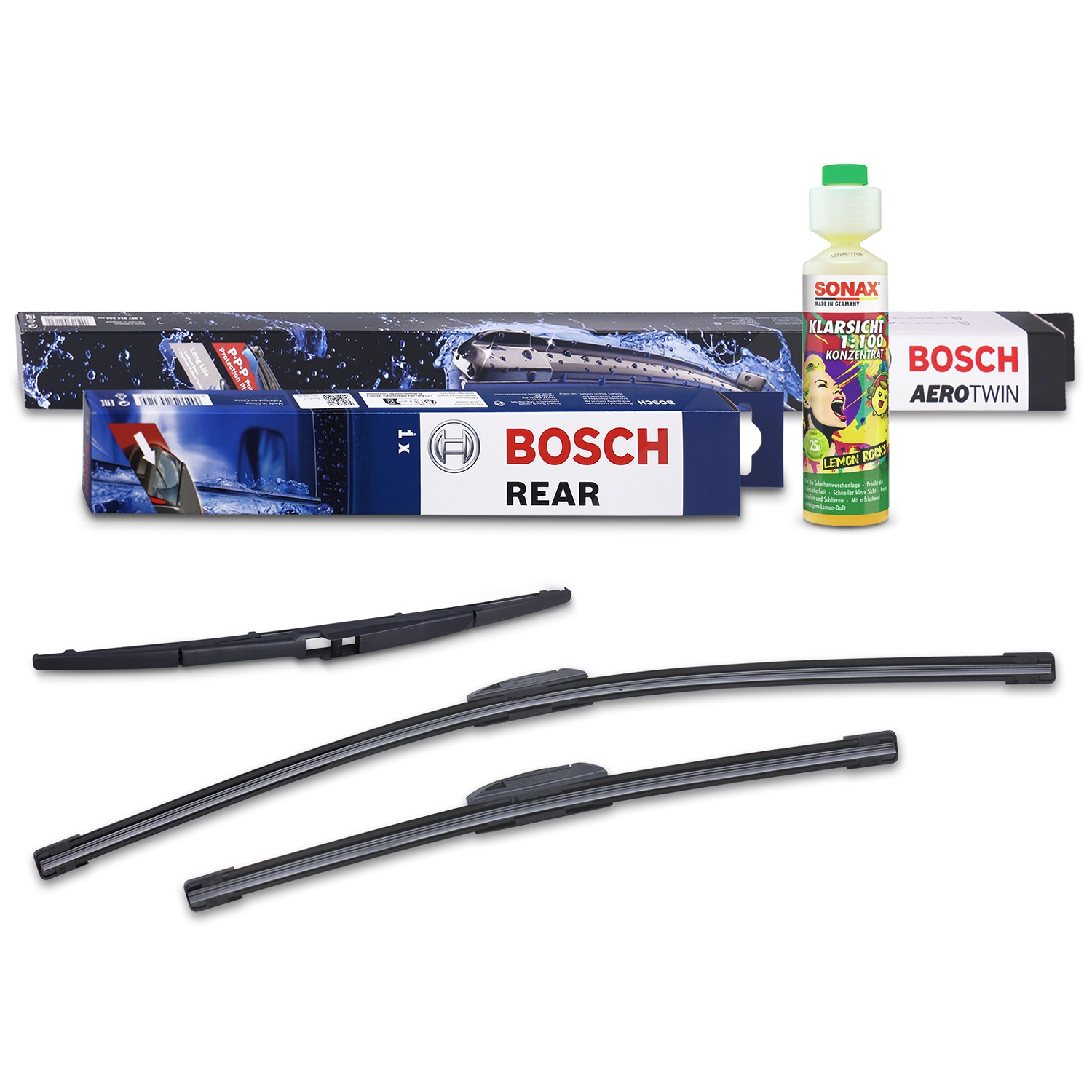 Bosch Wischer vorne +hinten +Scheibenreiniger [Hersteller-Nr. 31185458] für Mazda, Hyundai, Toyota, Kia
