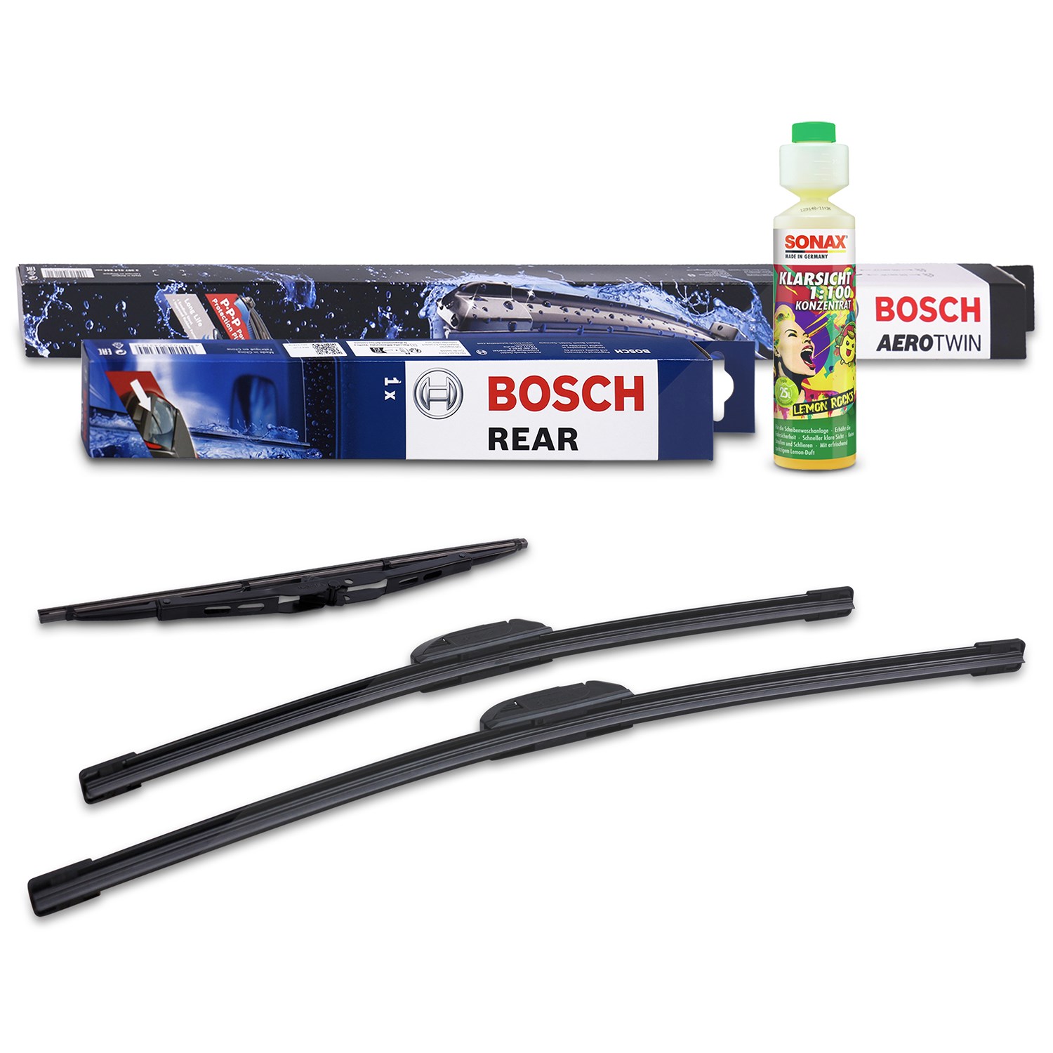 Bosch Wischer vorne +hinten +Scheibenreiniger [Hersteller-Nr. 31185492] für Suzuki, Nissan, Opel, Kia, Mazda, Mitsubishi, Seat, Toyota, Hyundai