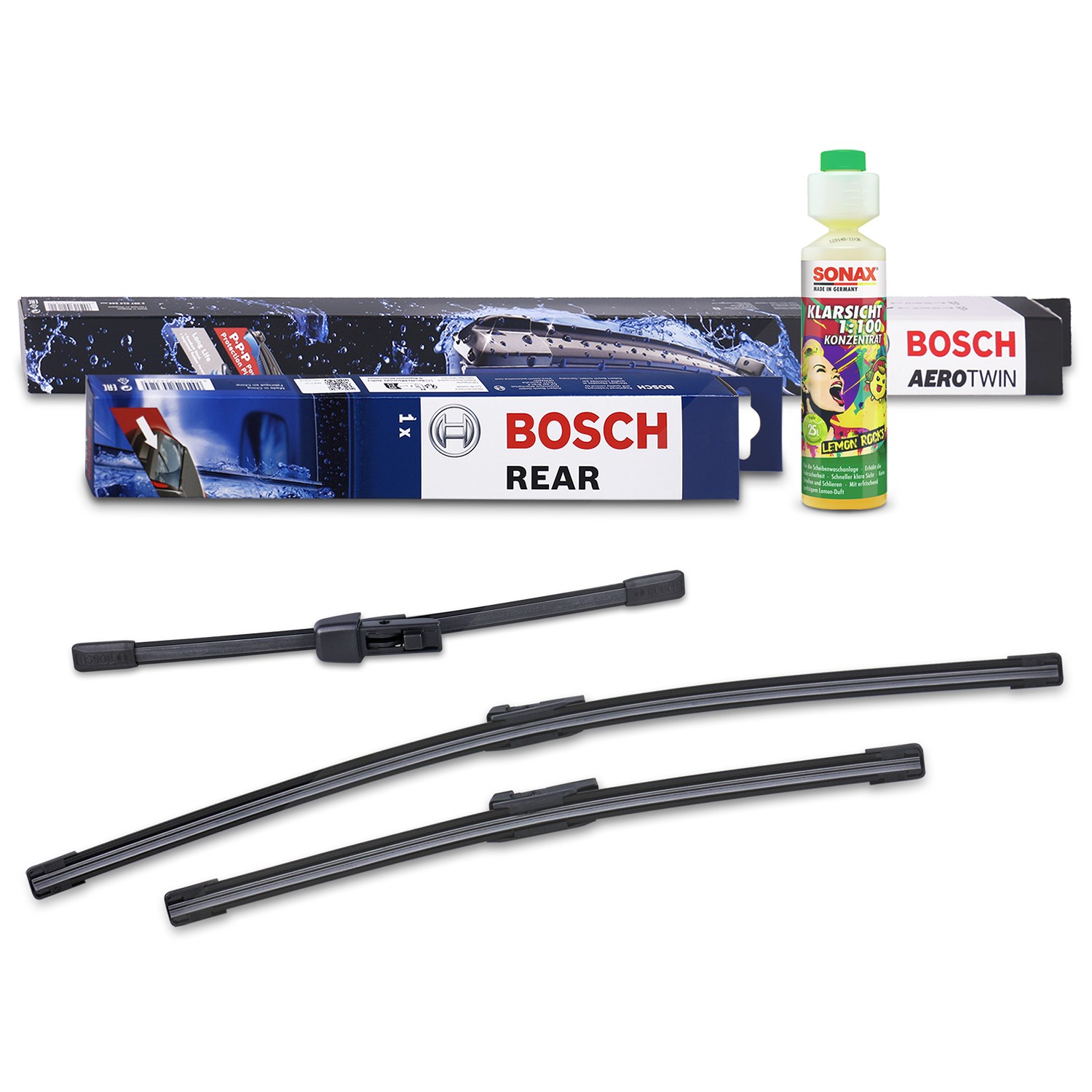 Bosch Wischer vorne +hinten +Scheibenreiniger [Hersteller-Nr. 31185622] für Ds, Seat, VW, Skoda, Peugeot, Opel