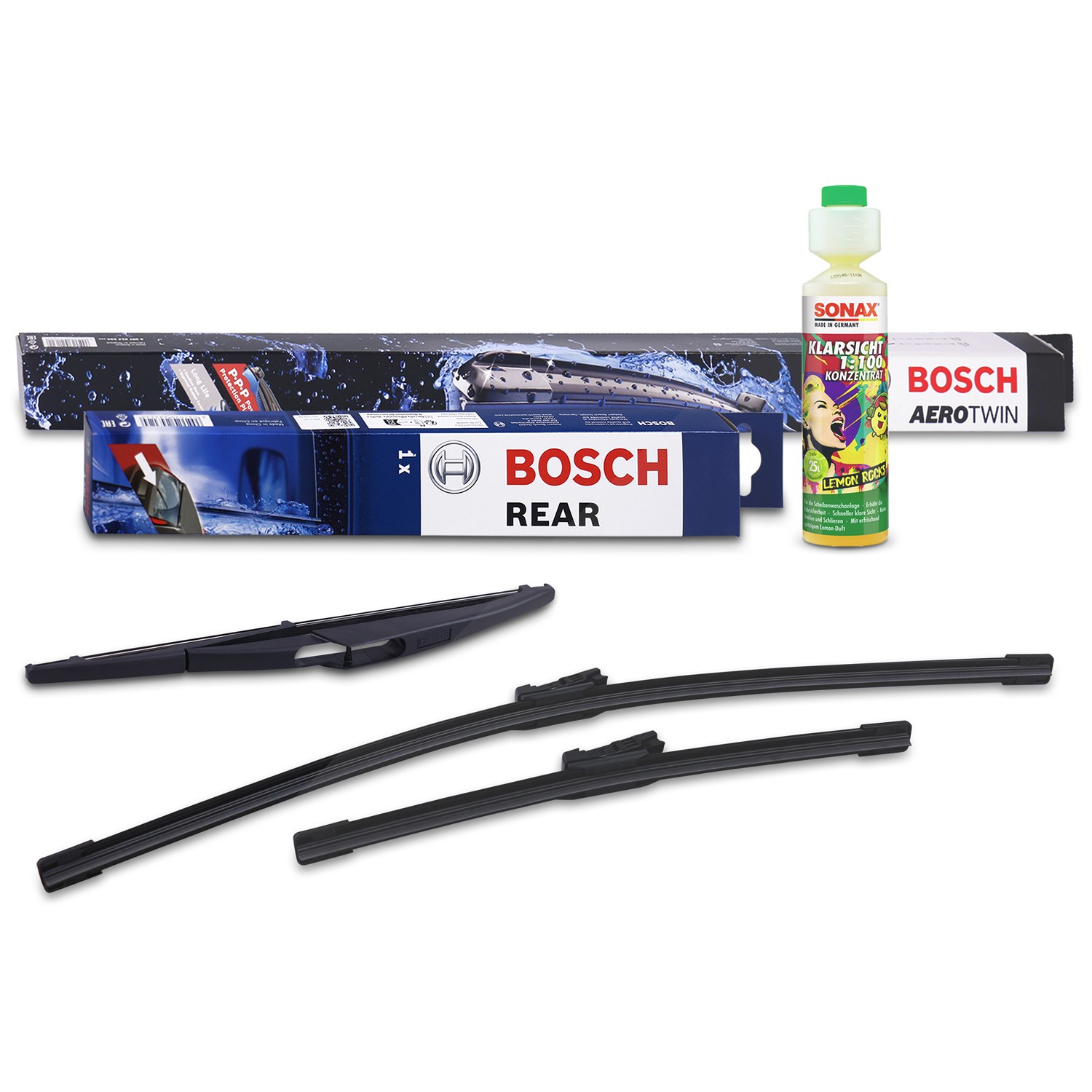 Bosch Wischer vorne +hinten +Scheibenreiniger [Hersteller-Nr. 31185687] für Ford, Renault, Fiat, Abarth