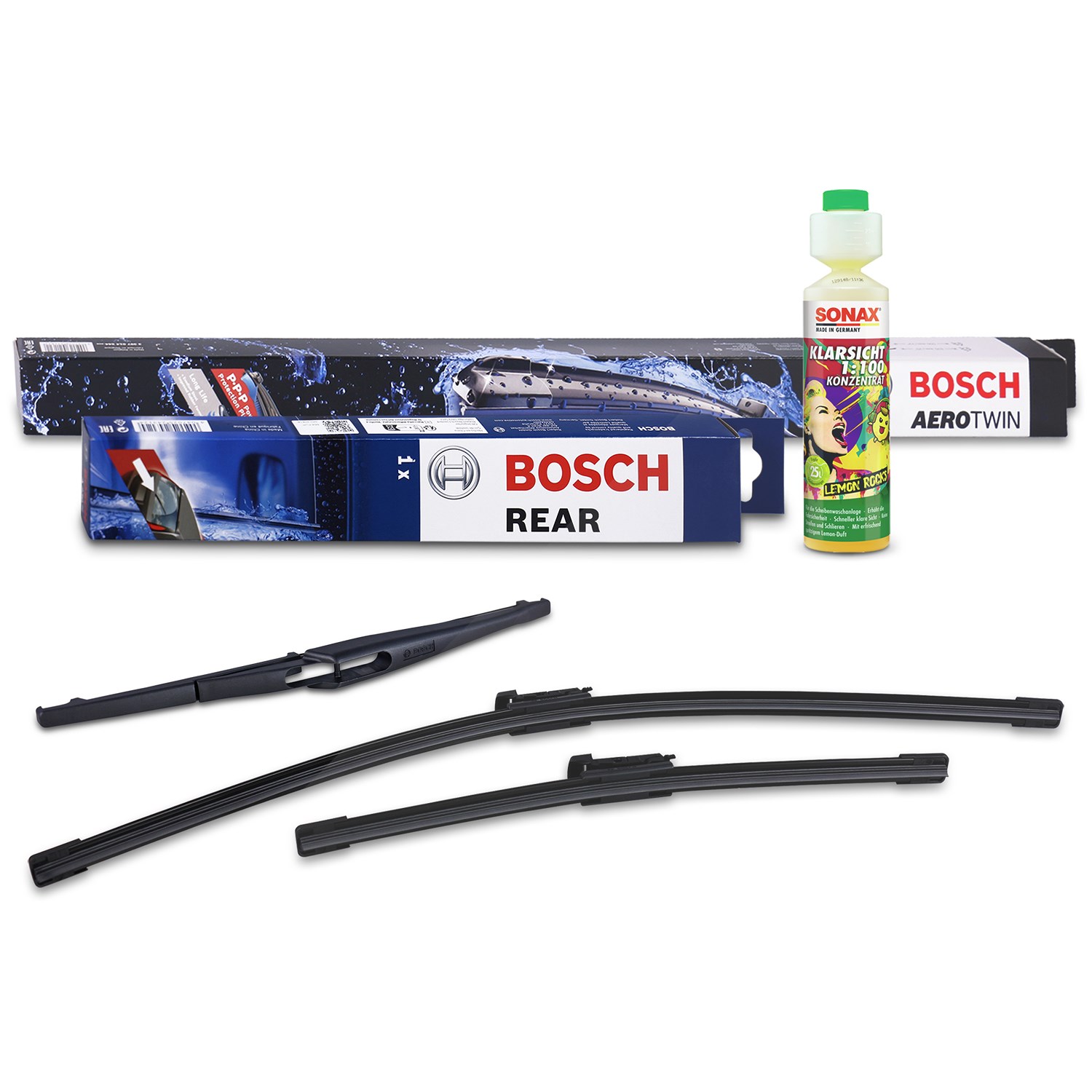 Bosch Wischer vorne +hinten +Scheibenreiniger [Hersteller-Nr. 31185388] für Opel, Alfa Romeo, Abarth, Fiat