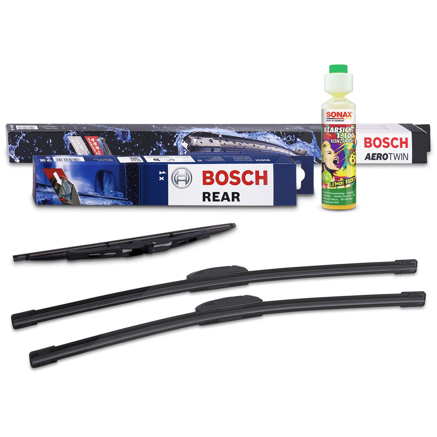 Bosch Wischer vorne +hinten +Scheibenreiniger [Hersteller-Nr. 31185441] für Subaru, Seat, Daihatsu, Nissan, Skoda, VW, Mitsubishi