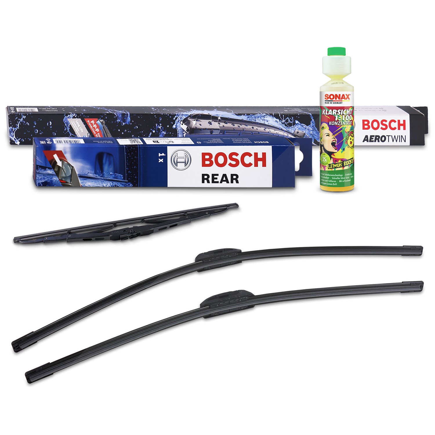 Bosch Wischer vorne +hinten +Scheibenreiniger [Hersteller-Nr. 31178836] für VW, Ford, Seat