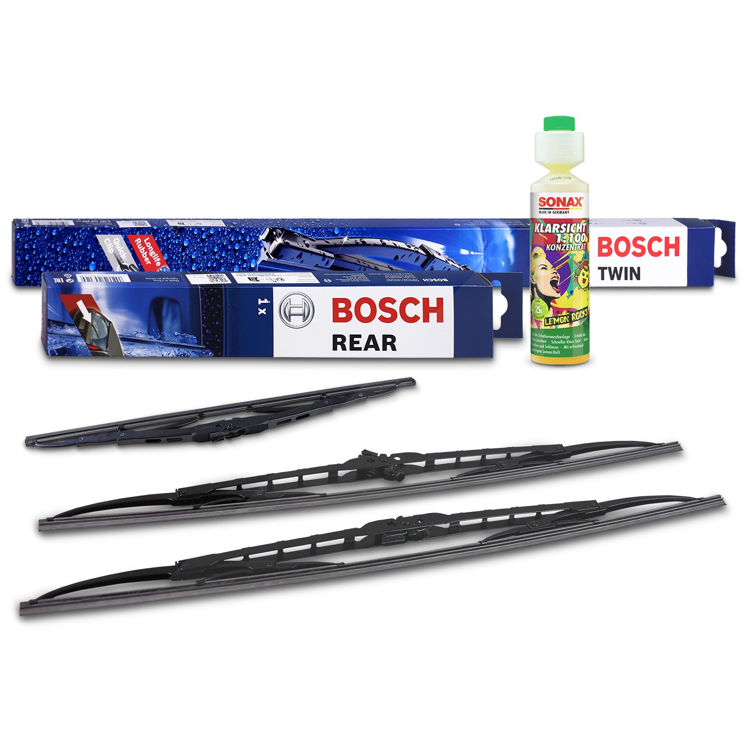 Bosch Wischer vorne +hinten +Scheibenreiniger [Hersteller-Nr. 31185617] für Audi, VW, Chrysler, Toyota