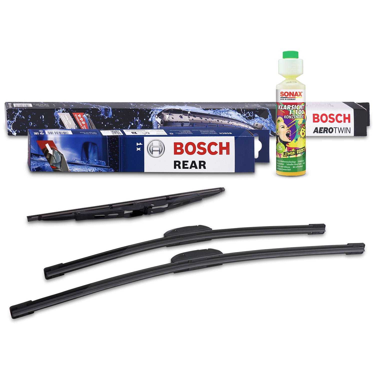 Bosch Wischer vorne +hinten +Scheibenreiniger [Hersteller-Nr. 31185637] für Ford, Suzuki, Ssangyong