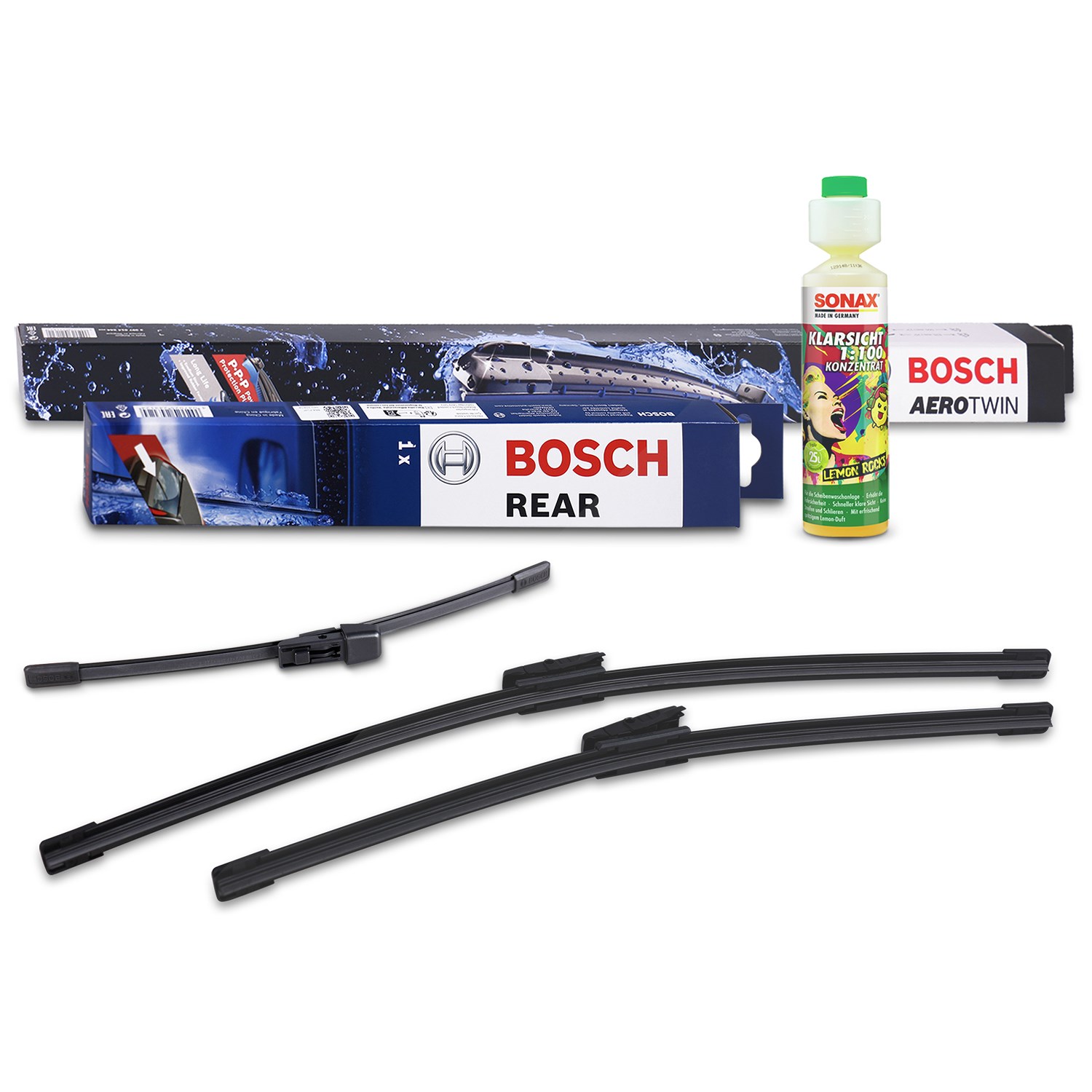 Bosch Wischer vorne +hinten +Scheibenreiniger [Hersteller-Nr. 31185724] für VW, Skoda